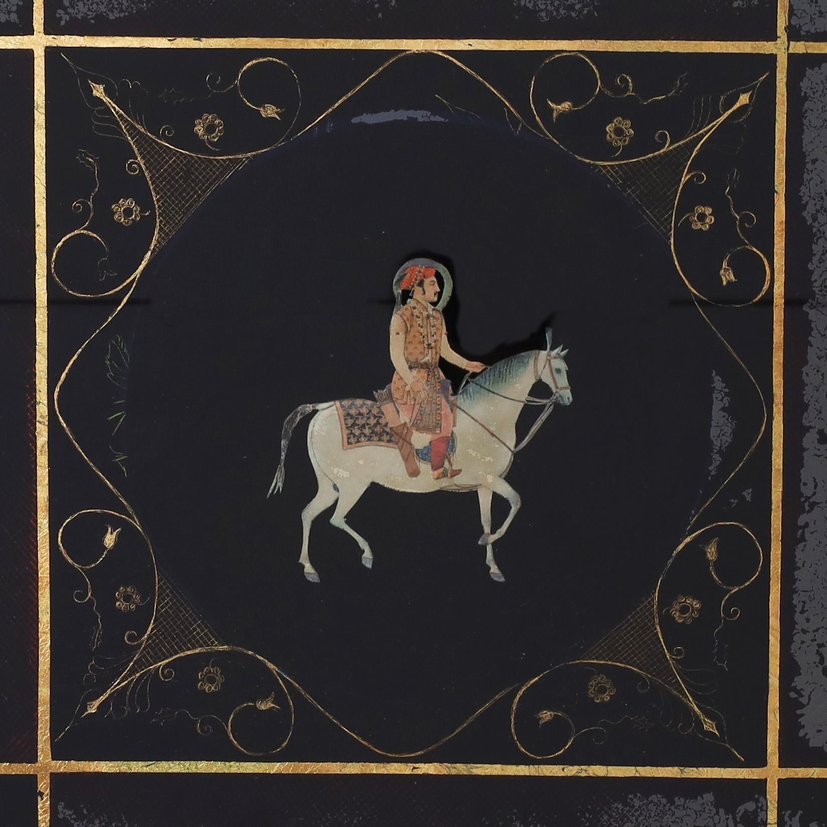 Vintage pair of Anglo Indian watercolors depicting men on horseback decorated with gold leaf floral and geometric designs. Presented in wood frames with gold leaf under glass. 