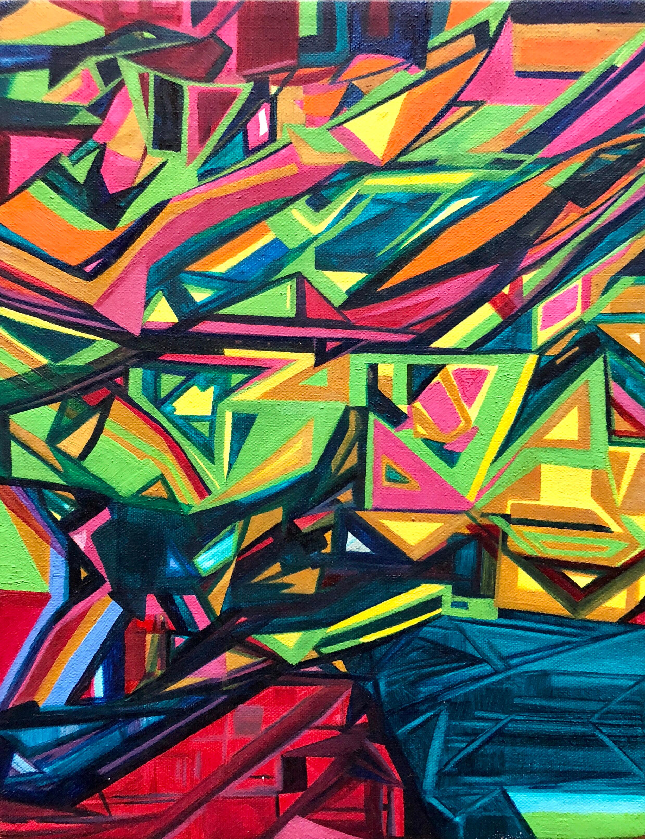 Unknown Abstract Painting - Angular Revelation, Abstract Geometric Day Glo Street Art Graffiti Painting