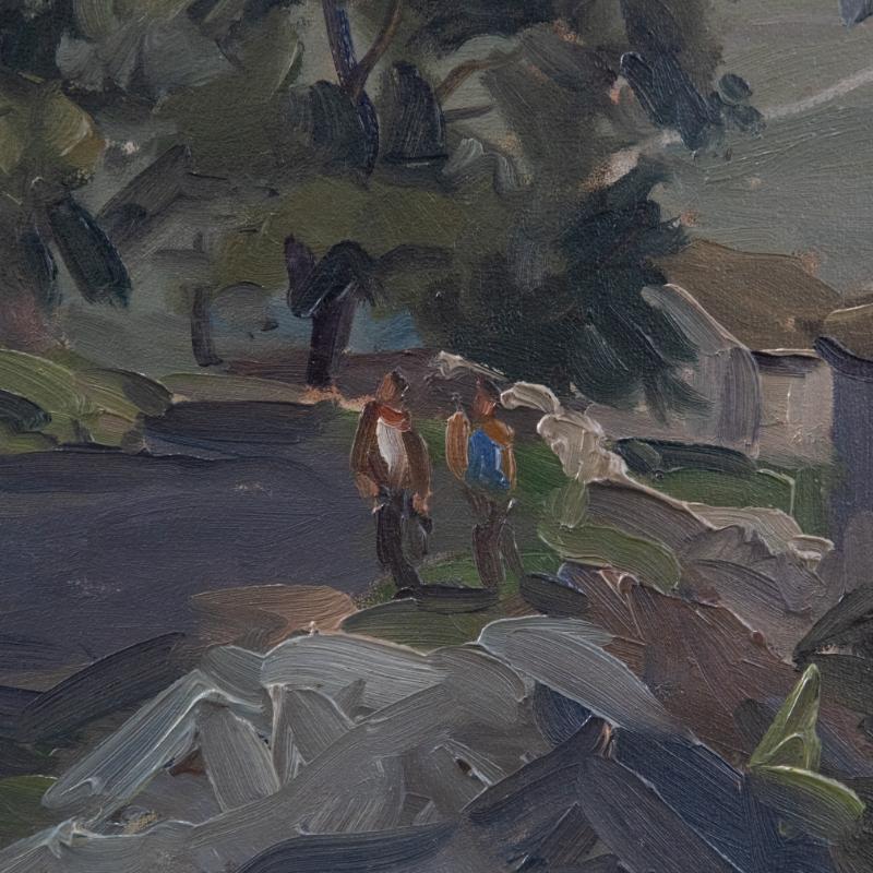 Un delicioso estudio paisajístico impresionista con dos figuras caminando hacia una casita de piedra. Firmado en la parte inferior izquierda. Inscrito y fechado en el verso. Presentado en un marco pintado de blanco. A bordo.
