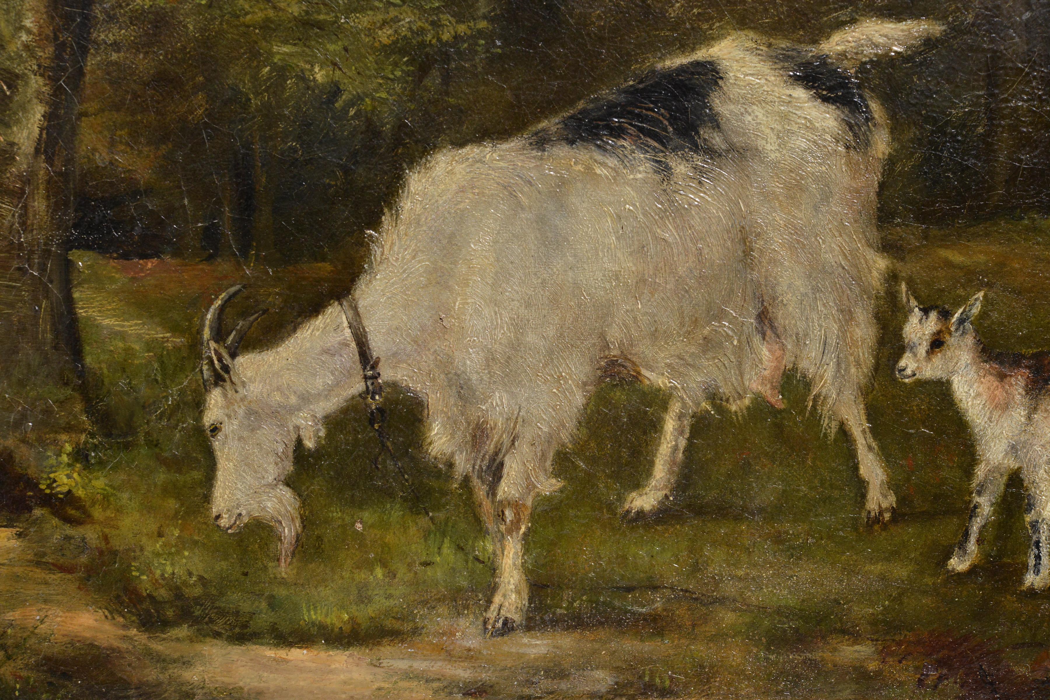 This beautifully painted oil painting depicts a serene scene of a goat mother and her kid grazing in the forest thicket. The little goat has nothing to fear, because his mother is nearby, who will always protect him. Created by a highly skilled