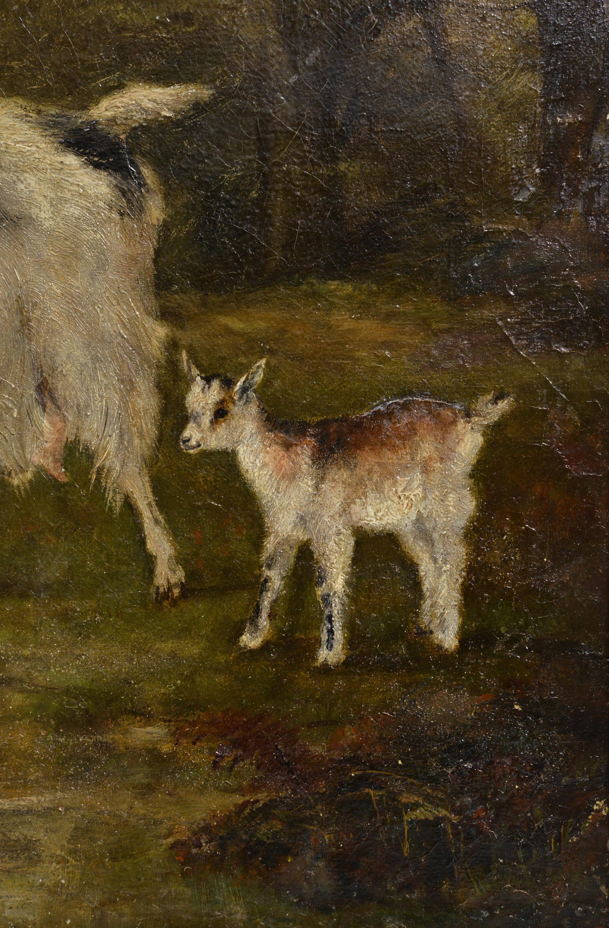 Animal Scene Goat with Kid in Forest 19th Century Oil Painting Unsigned Framed For Sale 1