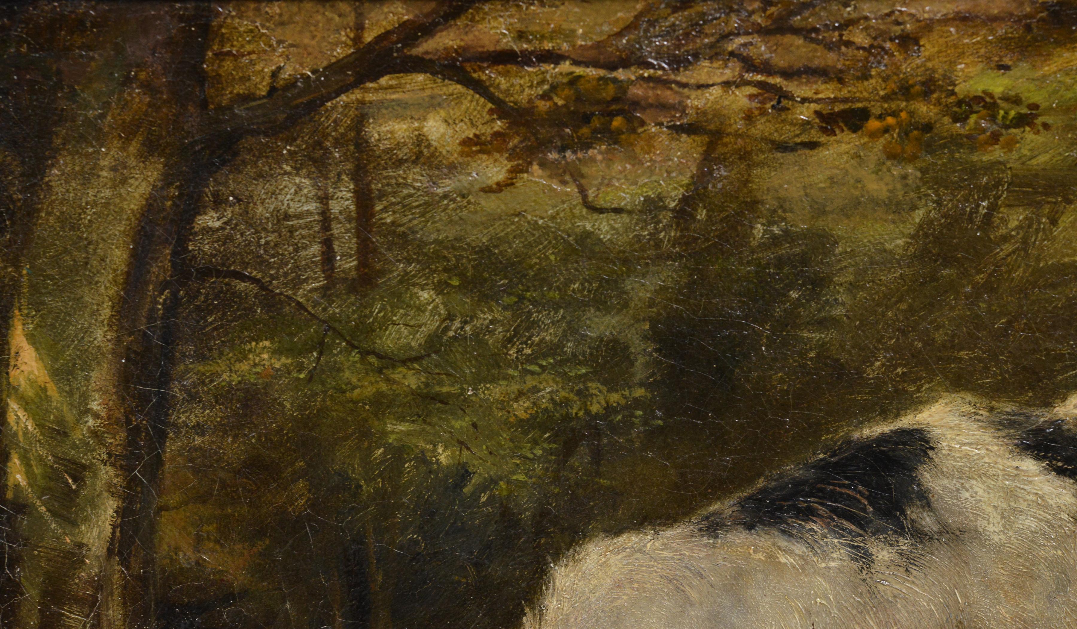 Este óleo bellamente pintado representa una serena escena de una cabra madre y su cabrito pastando en la espesura del bosque. La cabrita no tiene nada que temer, porque cerca está su madre, que siempre la protegerá. Creada por un artista animalista
