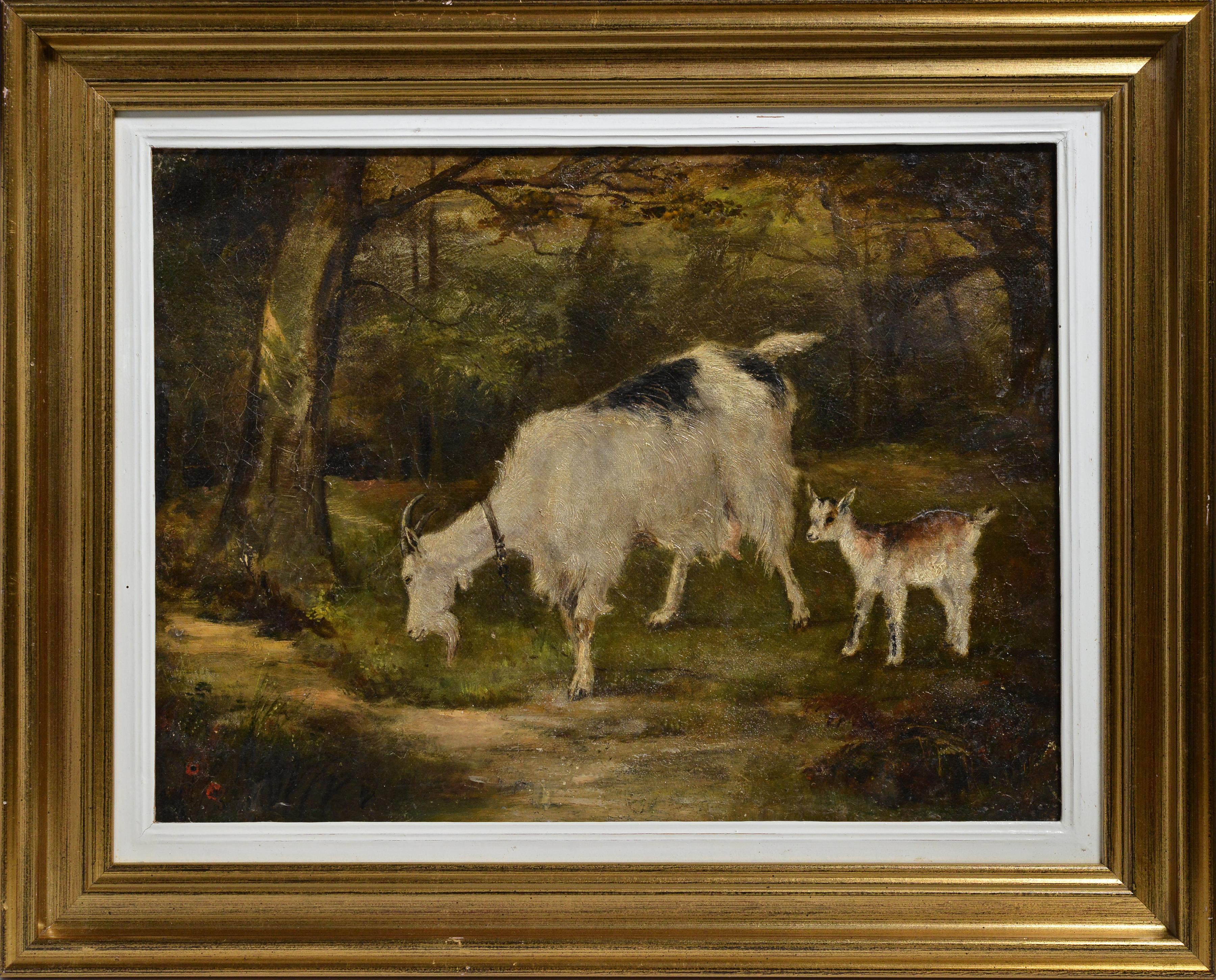 Unknown Animal Painting - Animal Scene Goat with Kid in Forest 19th Century Oil Painting Unsigned Framed