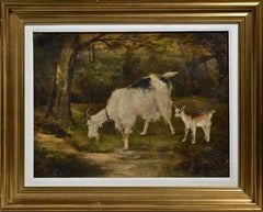 Peinture à l'huile du 19e siècle représentant une chèvre et un enfant dans une forêt, non signée et encadrée