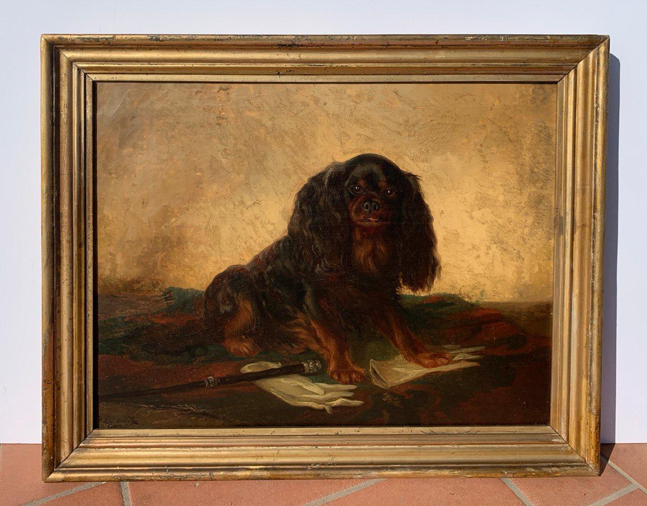 Animalier pittore britannico - Dipinti di cani del XIX secolo - Charles Cavalier Spaniel - Landscape Painting Marrone di Unknown