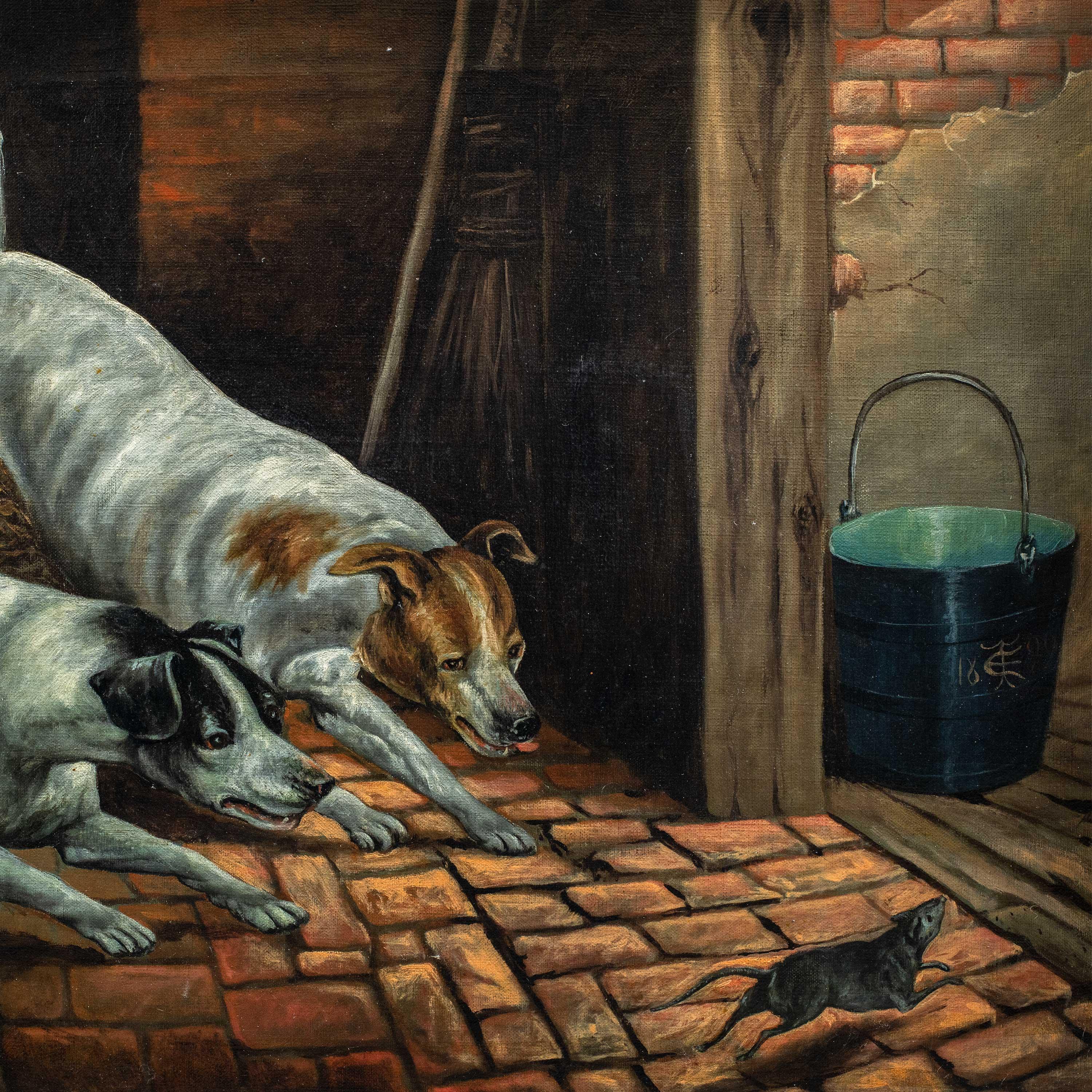 Britischer Tiermaler des Animalier - Hundegemälde des 19. Jahrhunderts - Mausjagd – Painting von Unknown