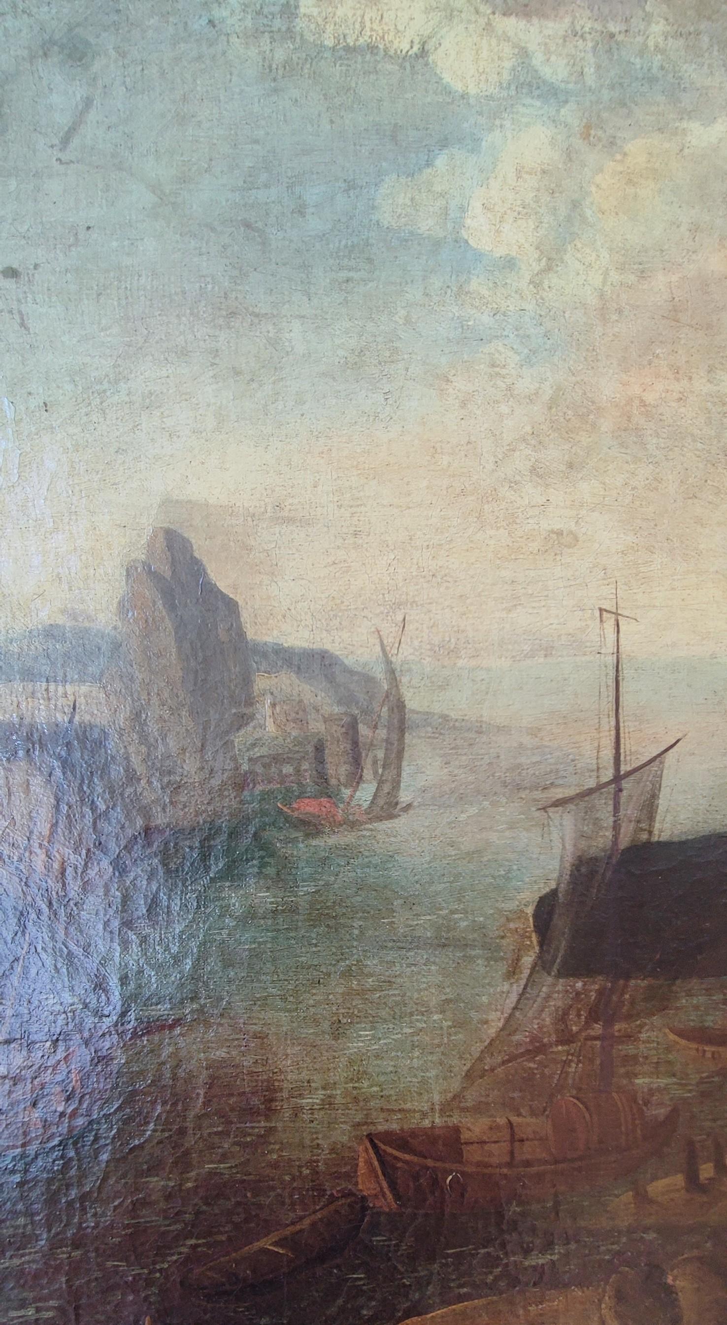 Scena animata del porto - Landscape Painting Nero di Unknown
