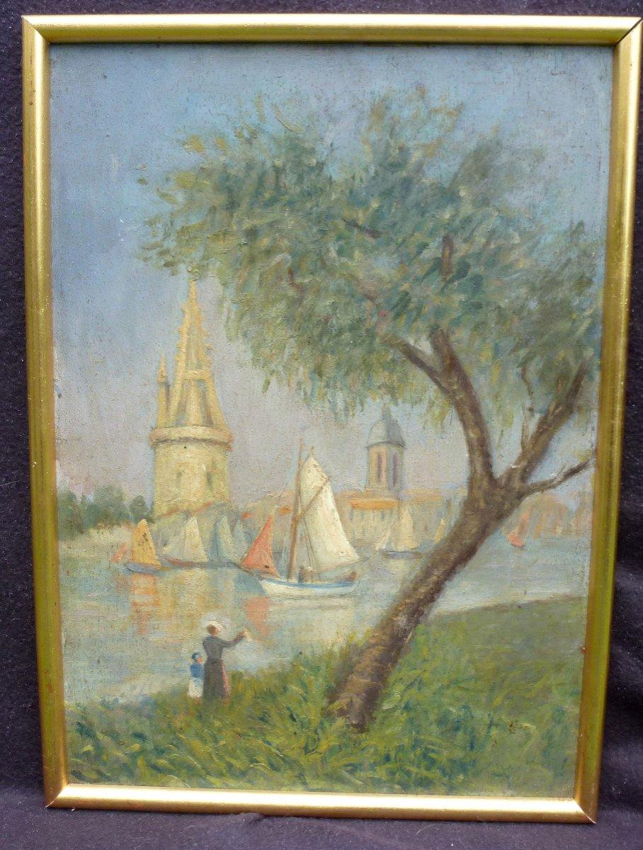Paesaggi impressionisti animati con barca a vela, arte antica francese originale - Painting di Unknown