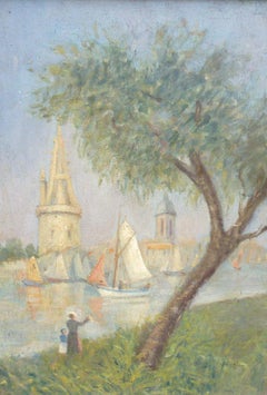 Animated Impressionist Landscapes with Sailing Boat, original antique French art