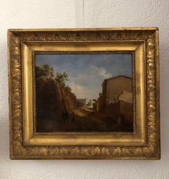 Animated Italian Landscape Painting, Oil on Wood, Early 19th Century
