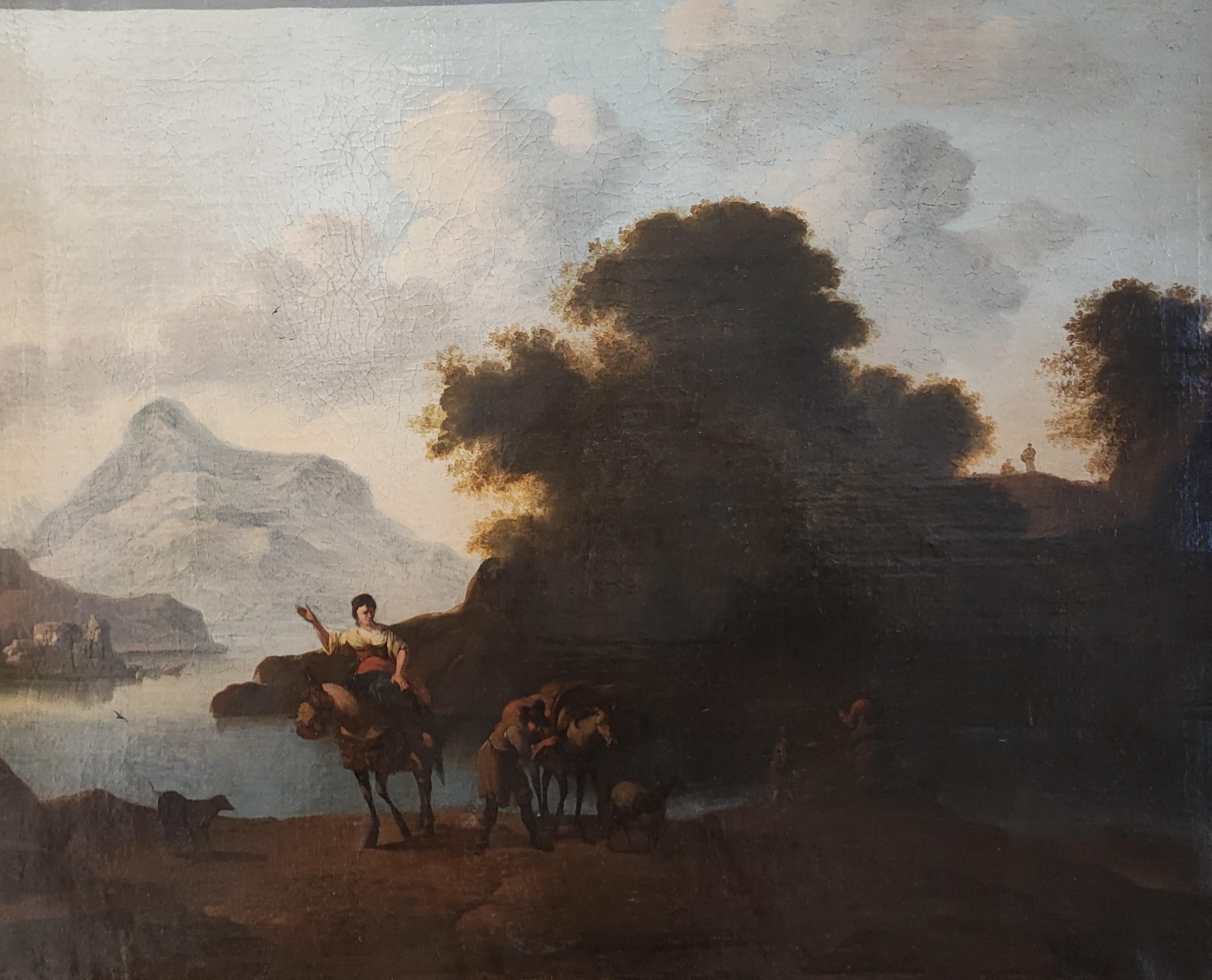 Unknown Landscape Painting - Animated landscape, a stopover for travelers on horseback