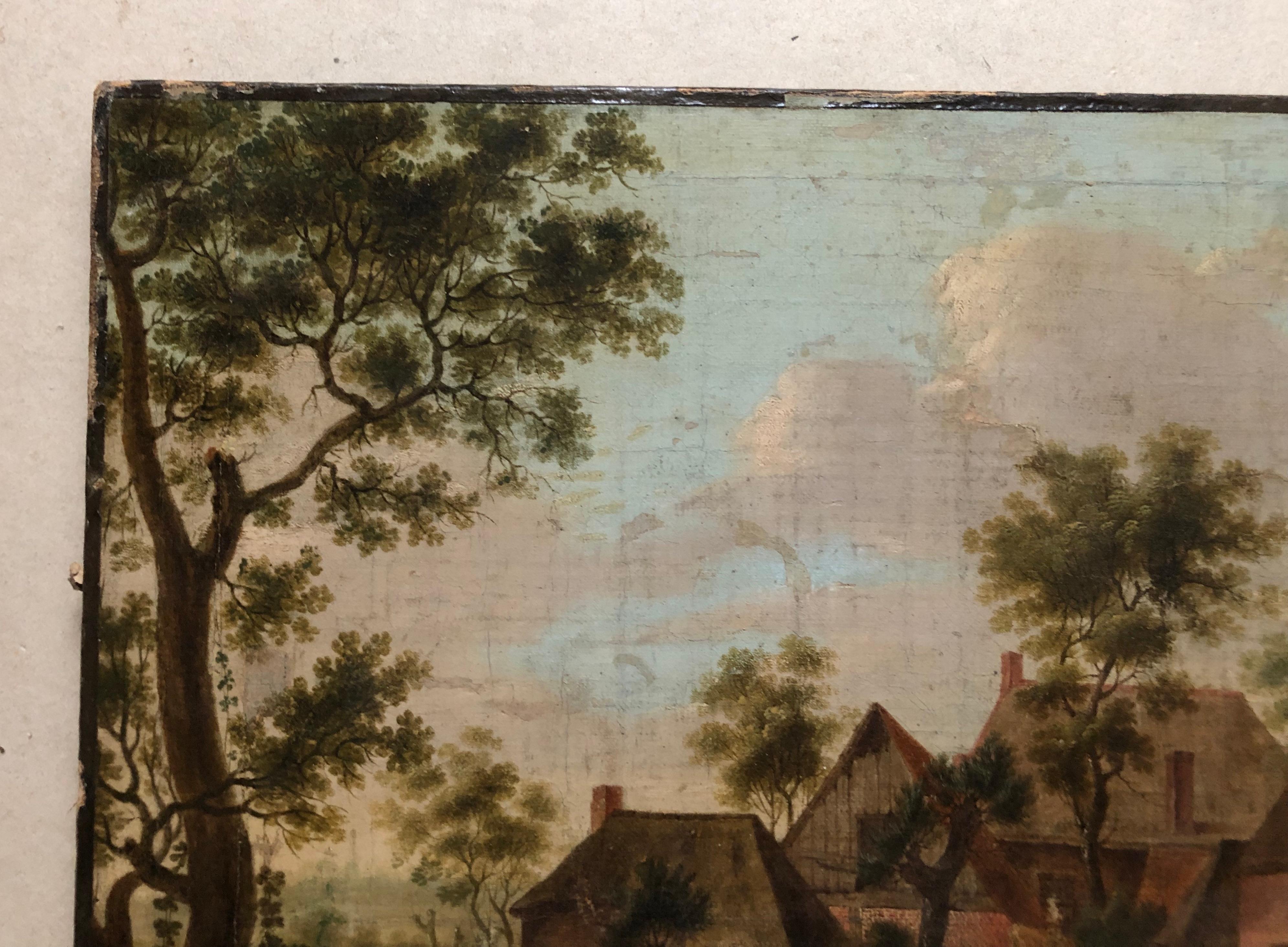 Lively peasant scene.
Northern School.
Oil on canvas 18th century.
Old relining.
Old restorations and repaintings.
Wear.
38 x 52 cm