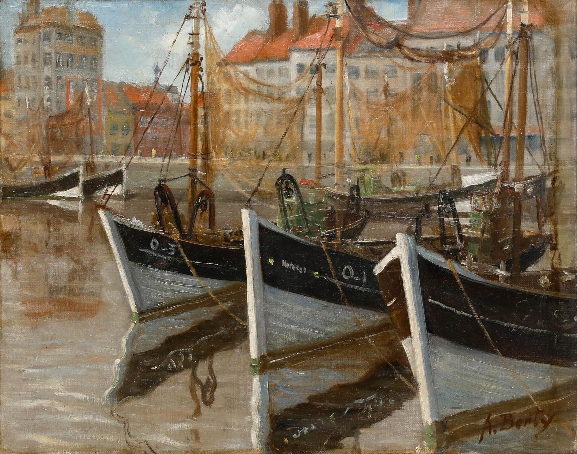 Anne Berty - Olio della metà del XX secolo, Barche da pesca di Ostenda - Painting di Unknown