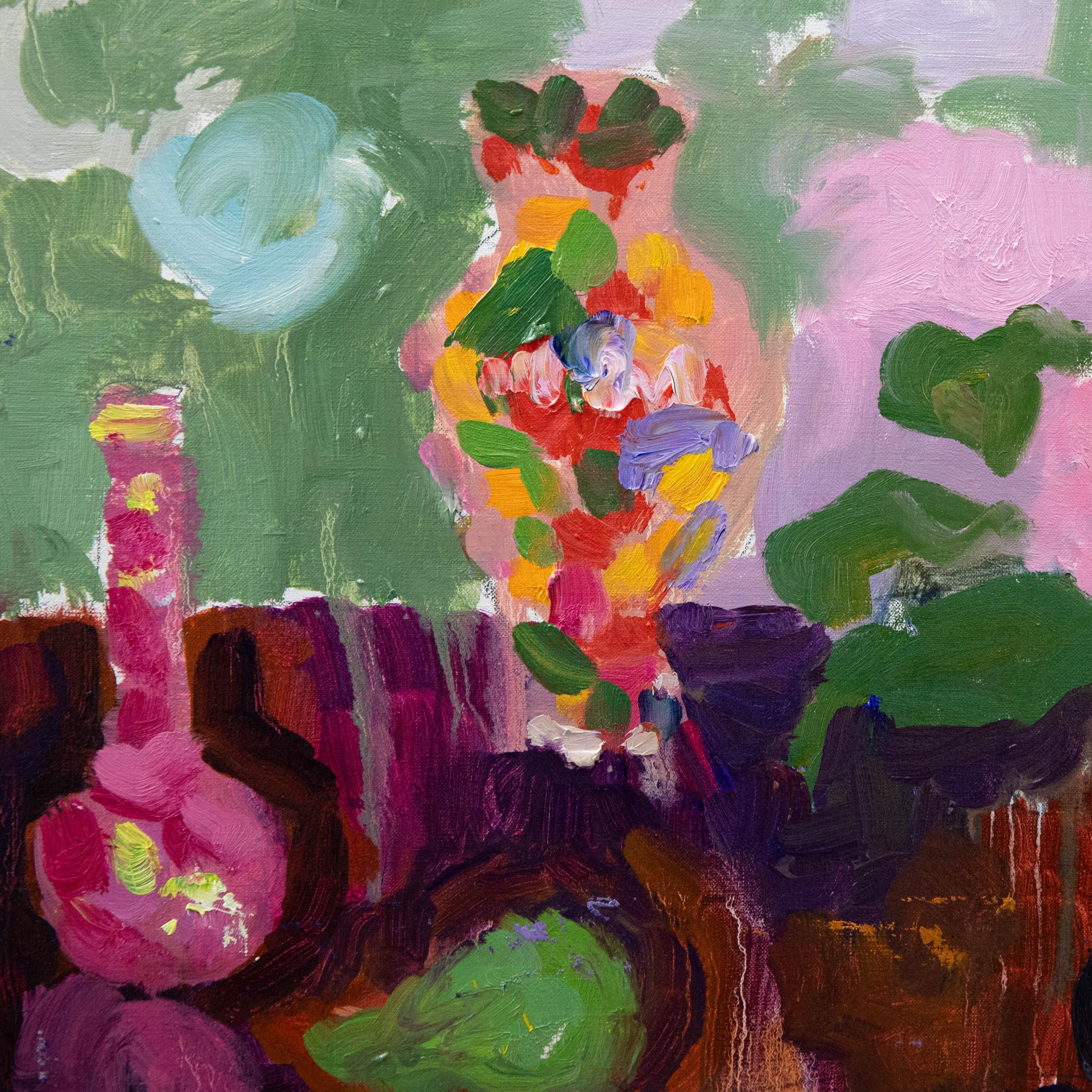 A vibrant still life study depicting various vessels and flower filled vases in an expressive style. Signed, titled and dated to the stretchers verso. On canvas. 