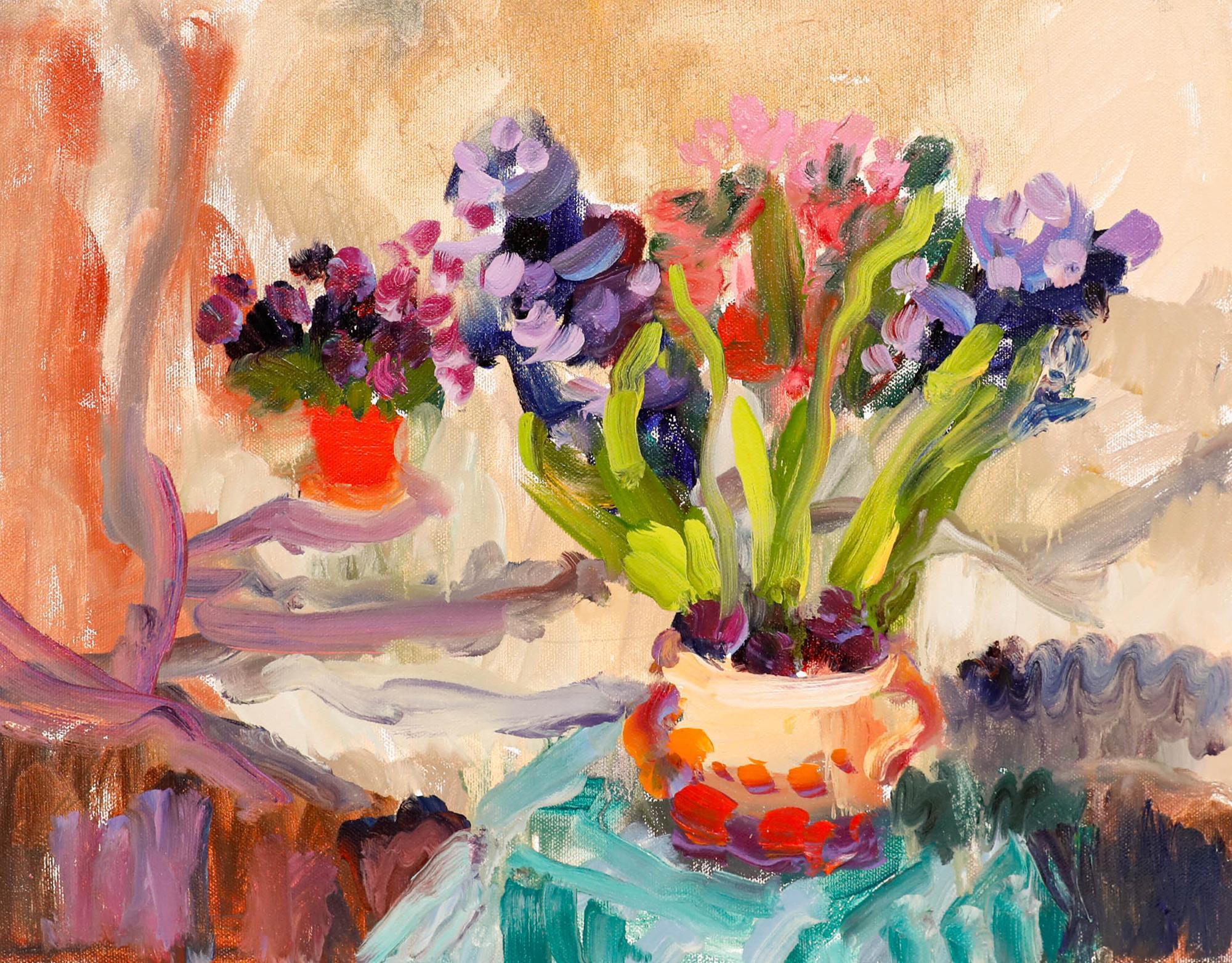 Annelise Firth (nata nel 1961) - Olio contemporaneo, Giacinto e ciclamino - Painting di Unknown