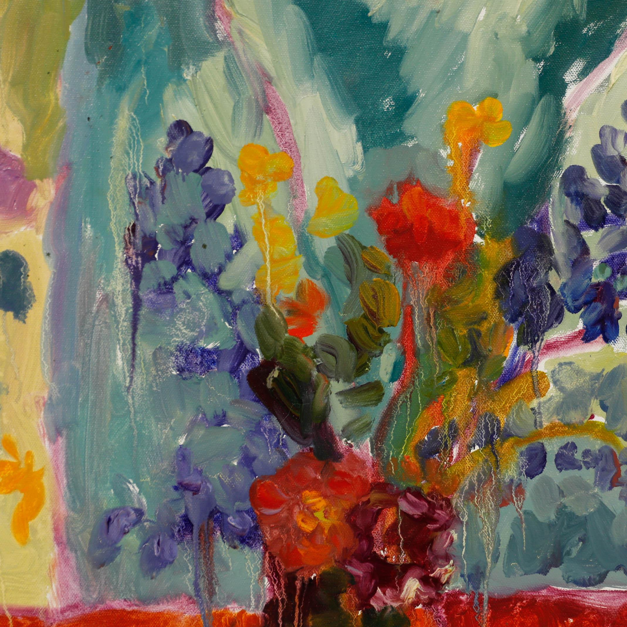 This striking still life painting captures a lively floral arrangement in a golden vase, executed against an expressive backdrop of segmented colour. Signed and dated (2024) verso. On canvas on stretchers. 