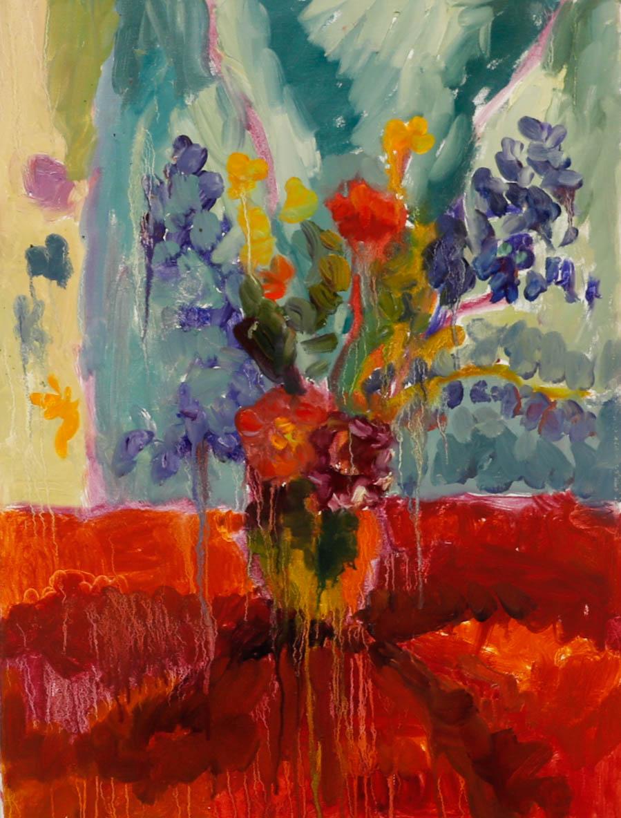 Annelise Firth (née en 1961) - Huile contemporaine, pivoines et delphiniums
