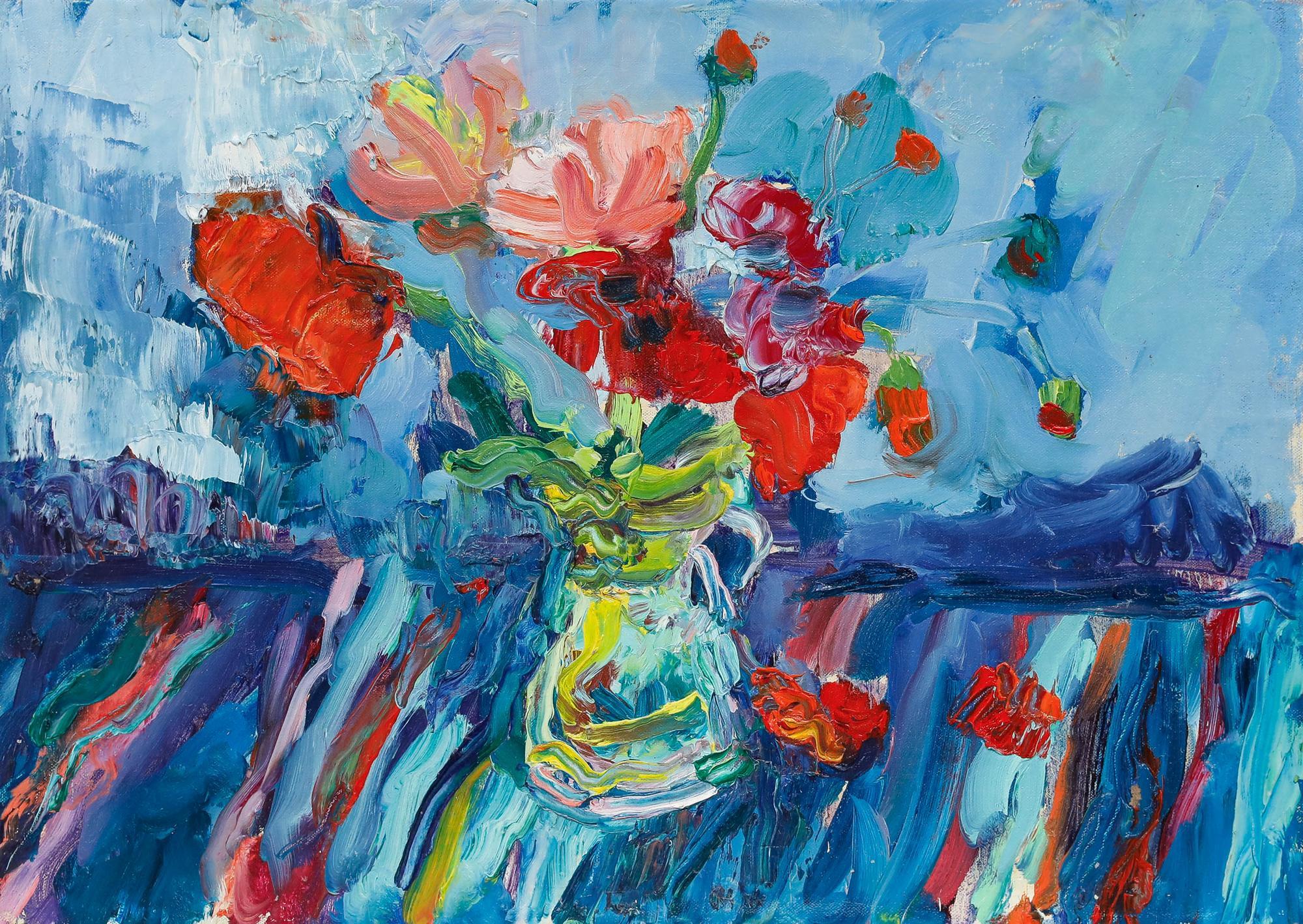 Annelise Firth (geb. 1961) - Zeitgenössisches Öl, Rosa und rote Mohnblumen – Painting von Unknown