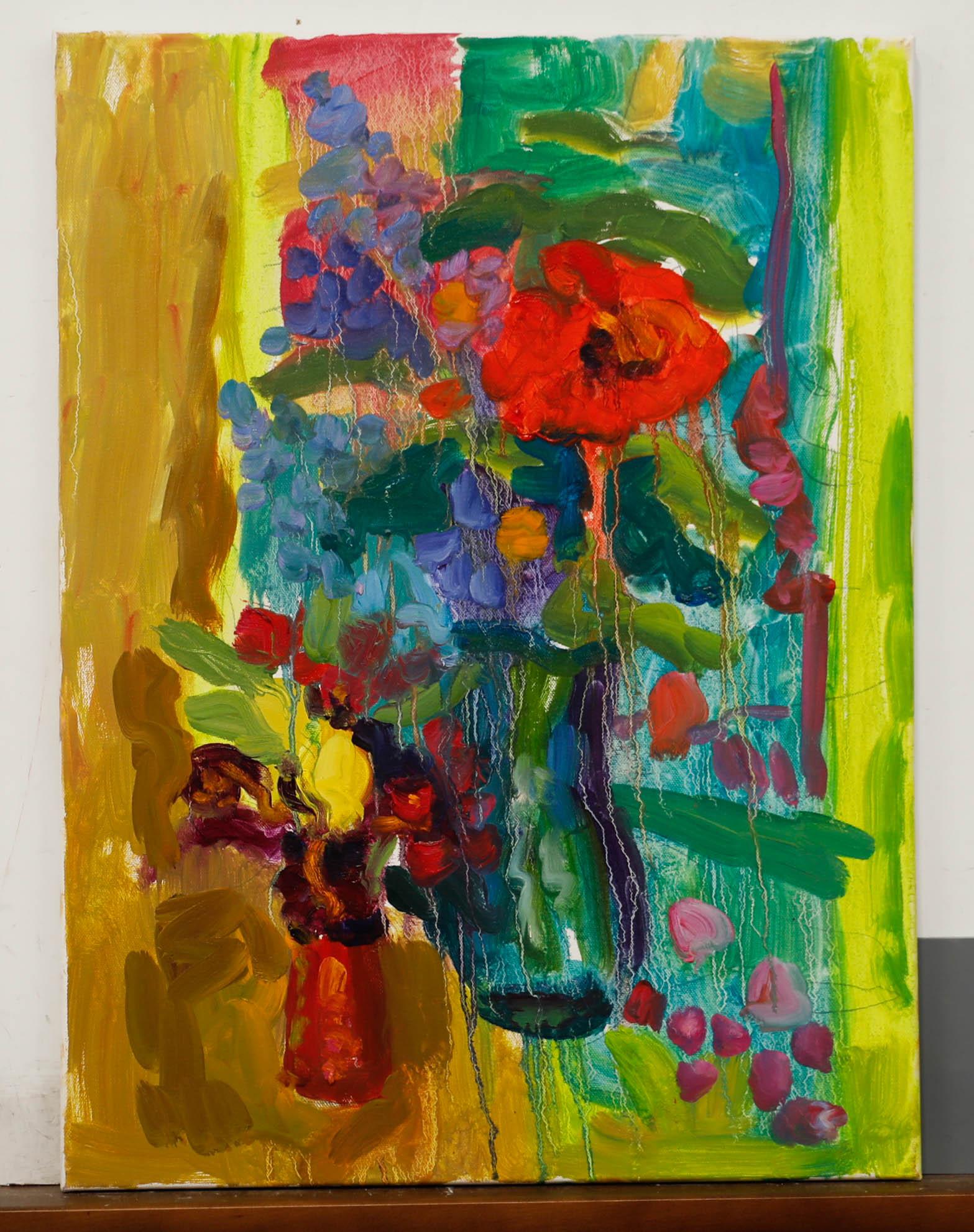 Annelise Firth (b.1961) - Contemporary Oil, The Little Red and Blue Vase - Painting by Unknown