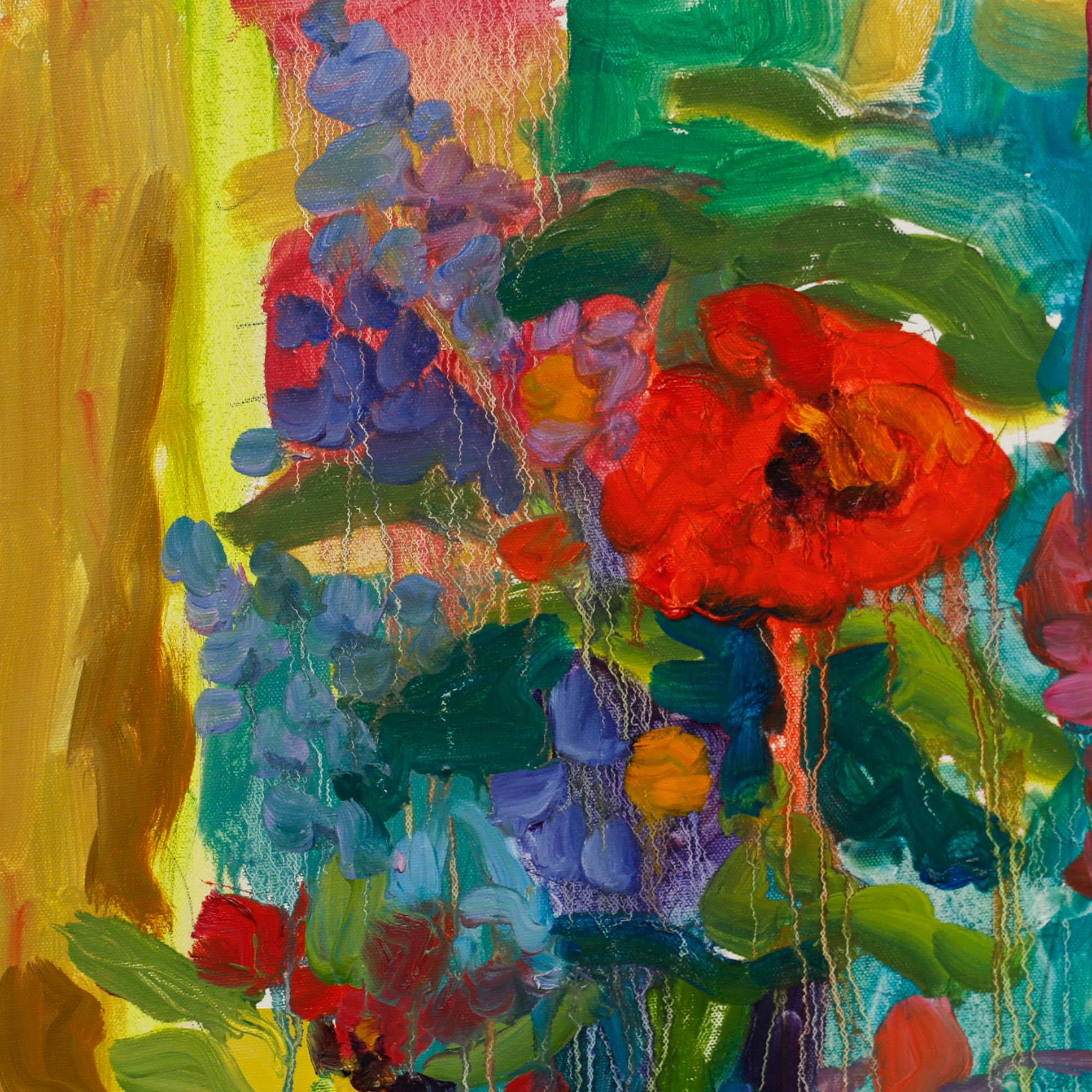 This striking still life painting captures a lively floral arrangement in a small red and large blue vase, executed against a bold and expressive backdrop. Signed and dated (2024) verso. On canvas on stretchers. 