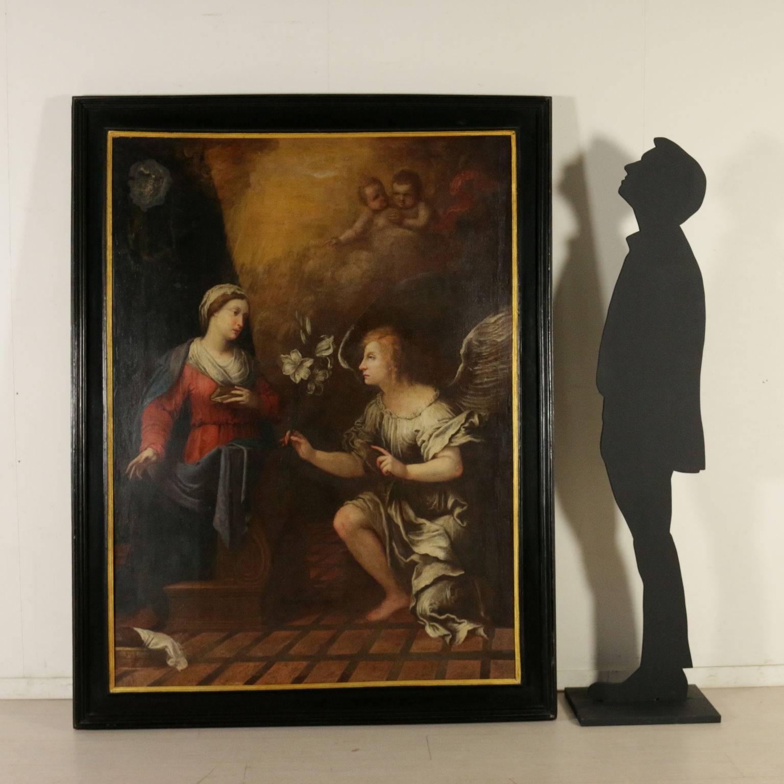 Annunciation Oil on Canvas Antique Painting 17th Century - Black Interior Painting by Unknown