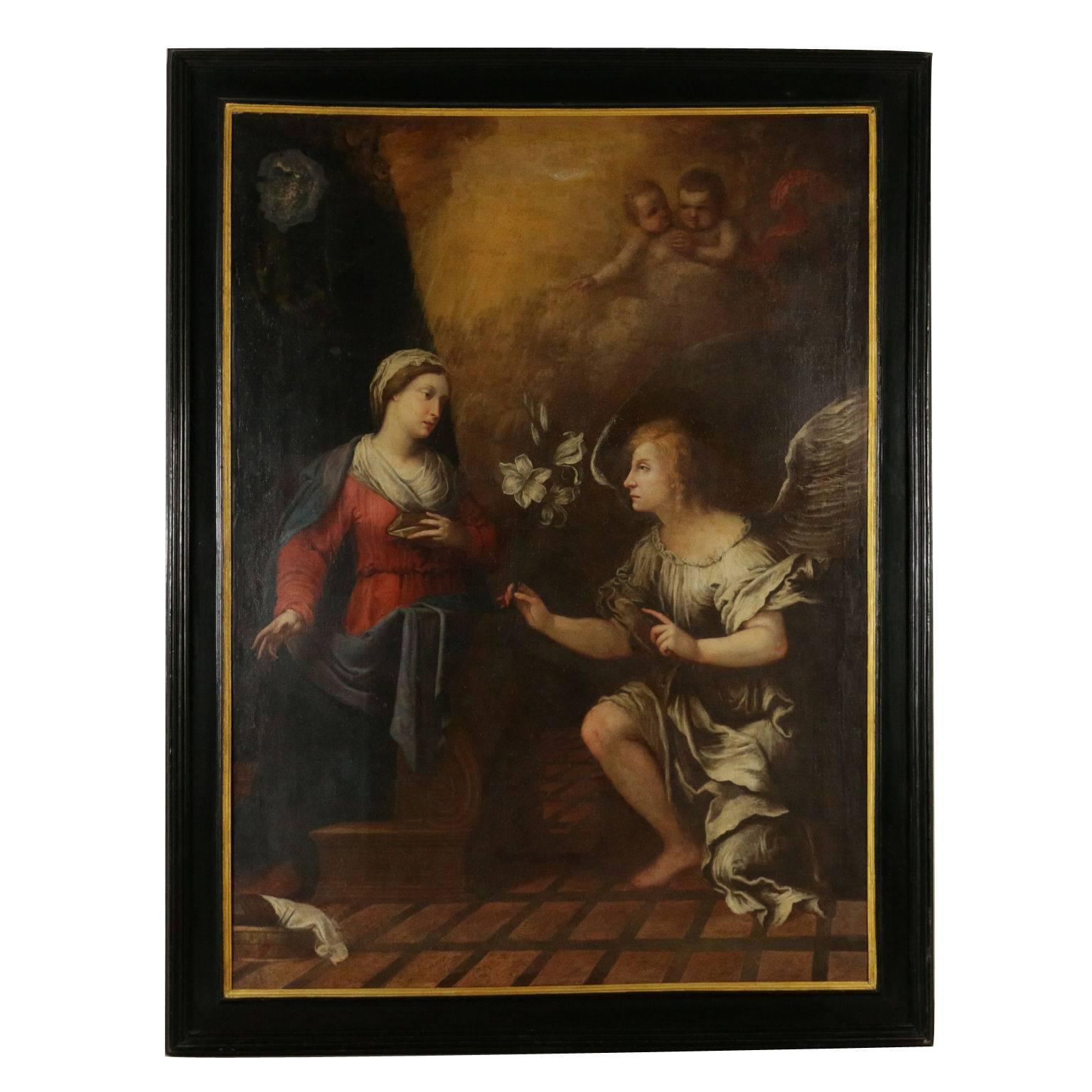 Unknown Interior Painting - Annunciation Oil on Canvas Antique Painting 17th Century