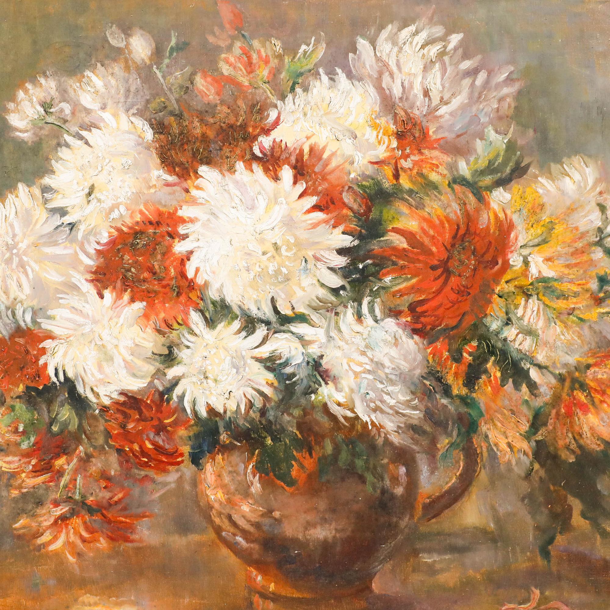 This traditional still life painting features a bouquet of autumn chrysanthemums in rich cream, burgundy, and rust tones, arranged in an earthenware vessel. The artist employs a warm, muted palette and soft brushwork to create an intimate