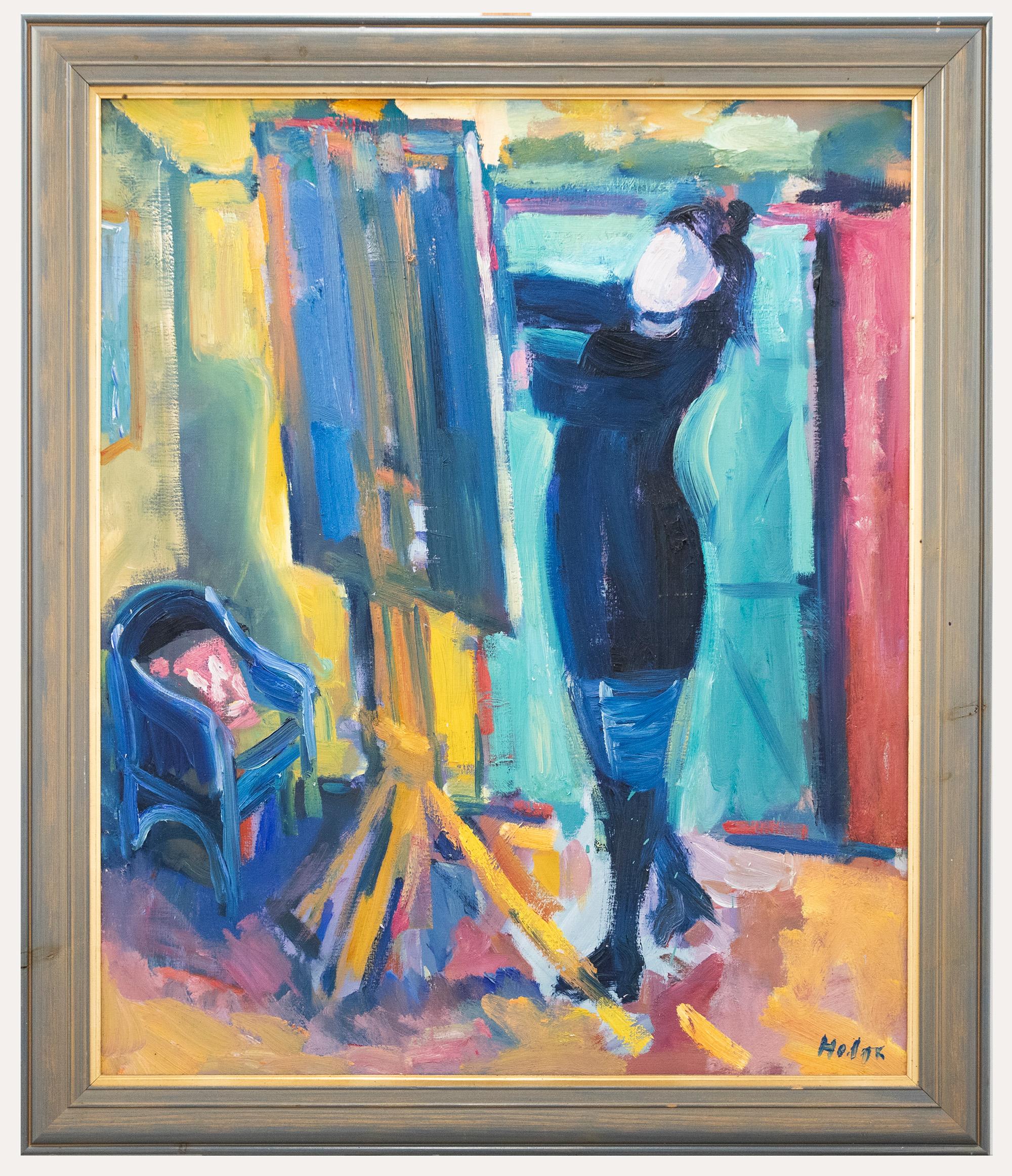 Unknown Portrait Painting - Anthony Hodge (1948-2009) - Framed 20th Century Oil, Artist at Her Easel