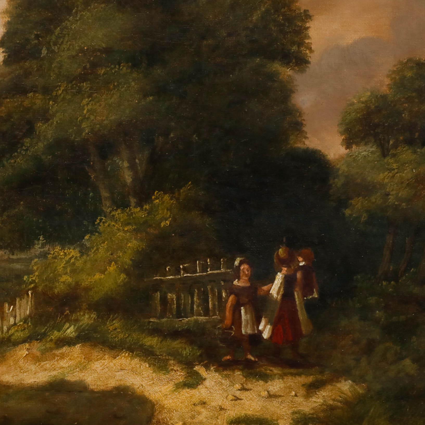 Ein Original-Ölgemälde des unter Denkmalschutz stehenden britischen Künstlers Anthony Sandys (1806-1883), das Figuren bei der Nahrungssuche in einem Wald zeigt. Gut präsentiert in einem zeitgemäßen vergoldeten Rahmen mit einem Innenslip und