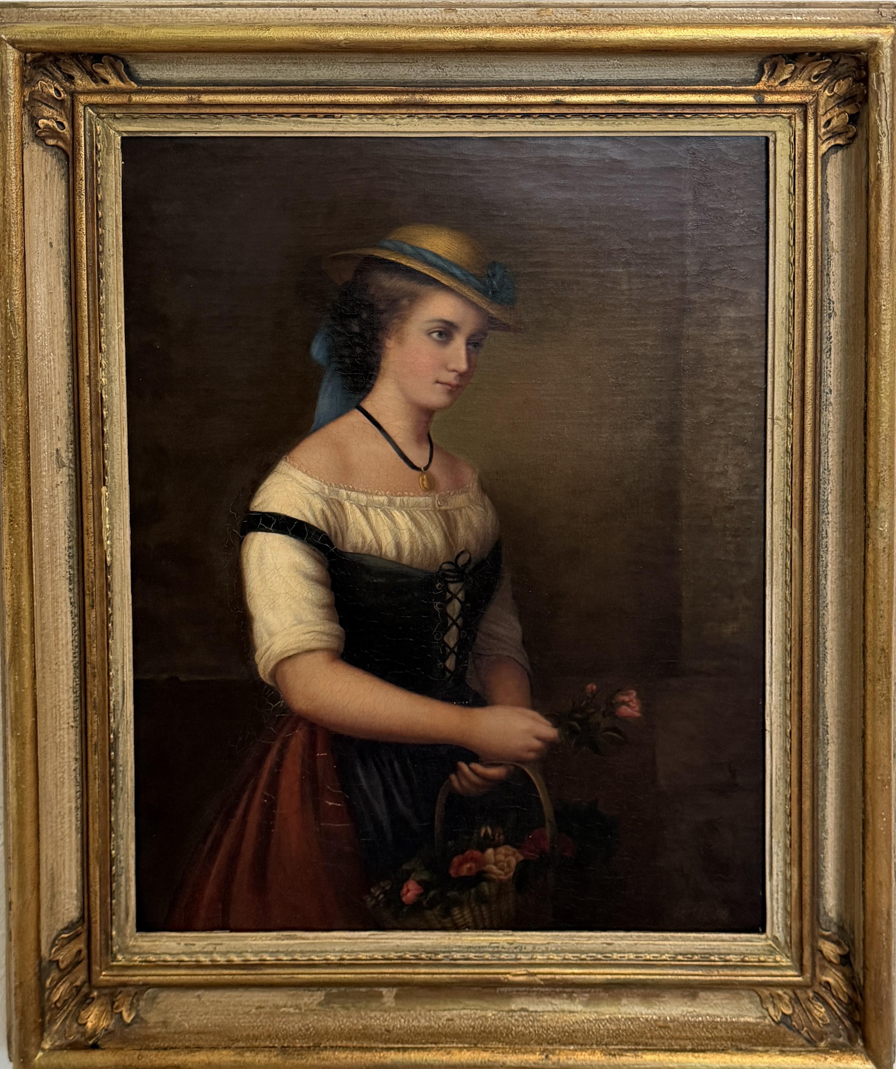 Antique 1868 Oil Portrait Young Woman European Lady Gilt Frame 19th Century