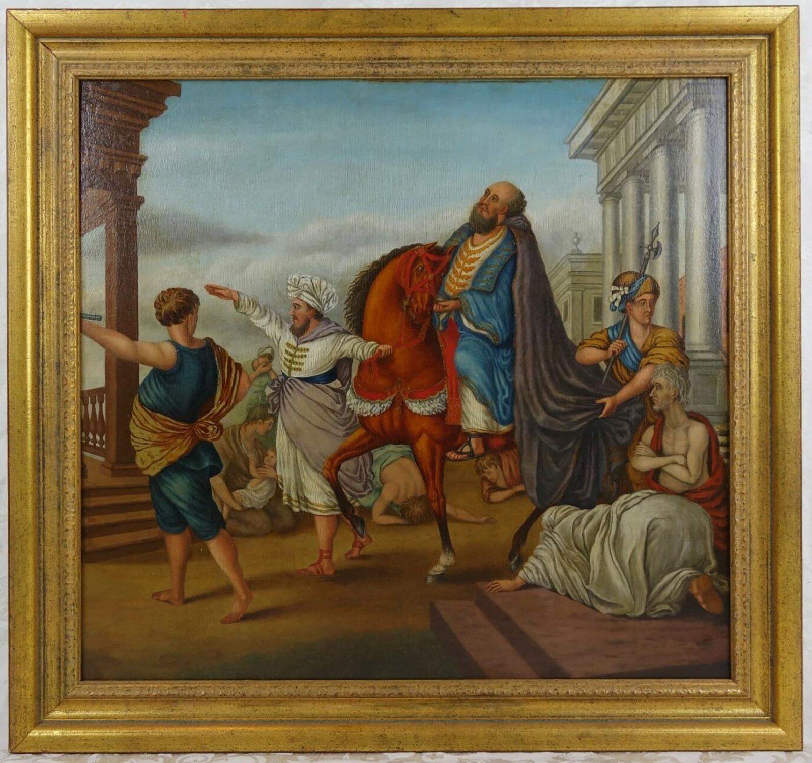 Unknown Figurative Painting - Antique 18th c. Italian Figurative Oil on Board Painting - Emperor's Procession