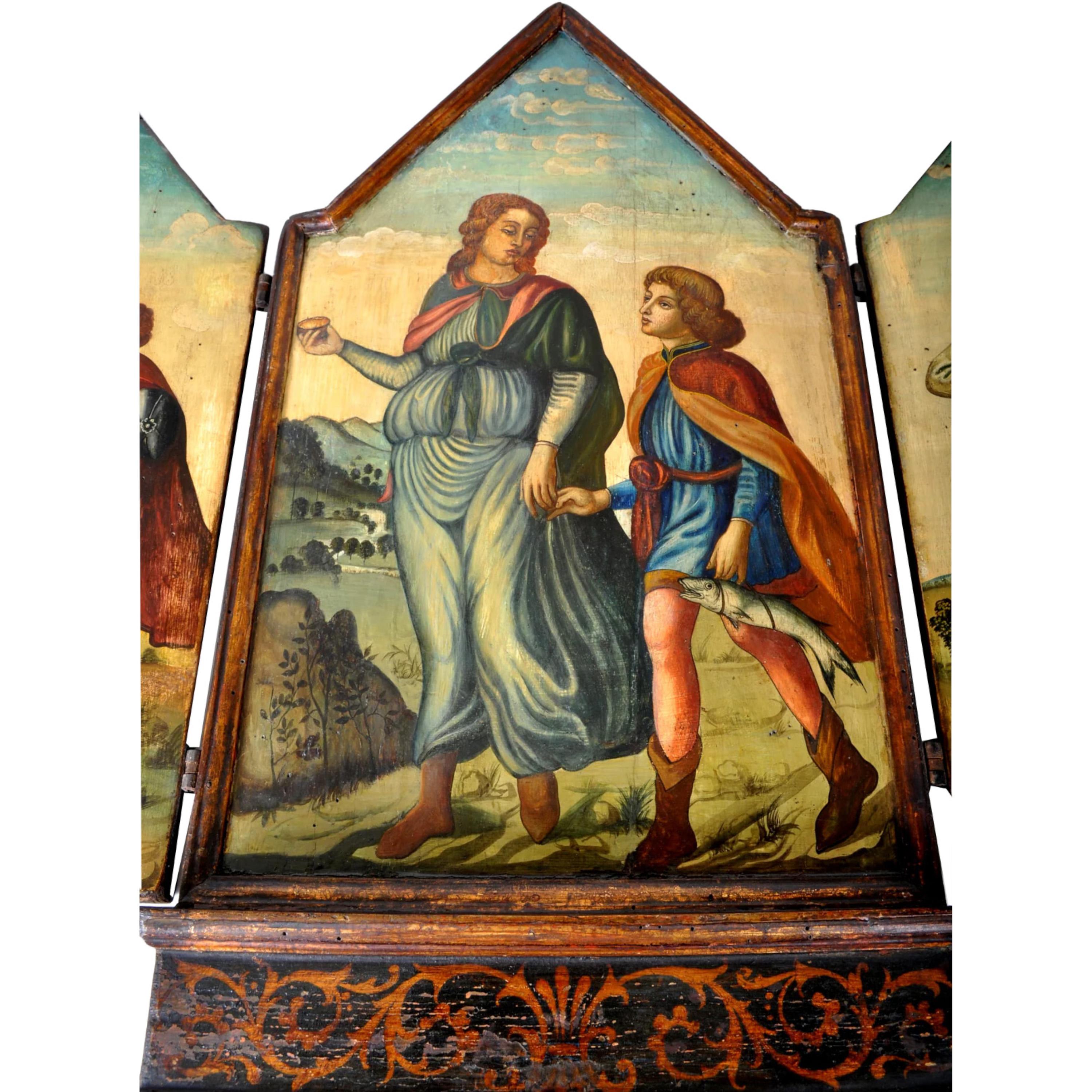 Antico trittico barocco religioso fiammingo del XVIII secolo in legno dorato 2