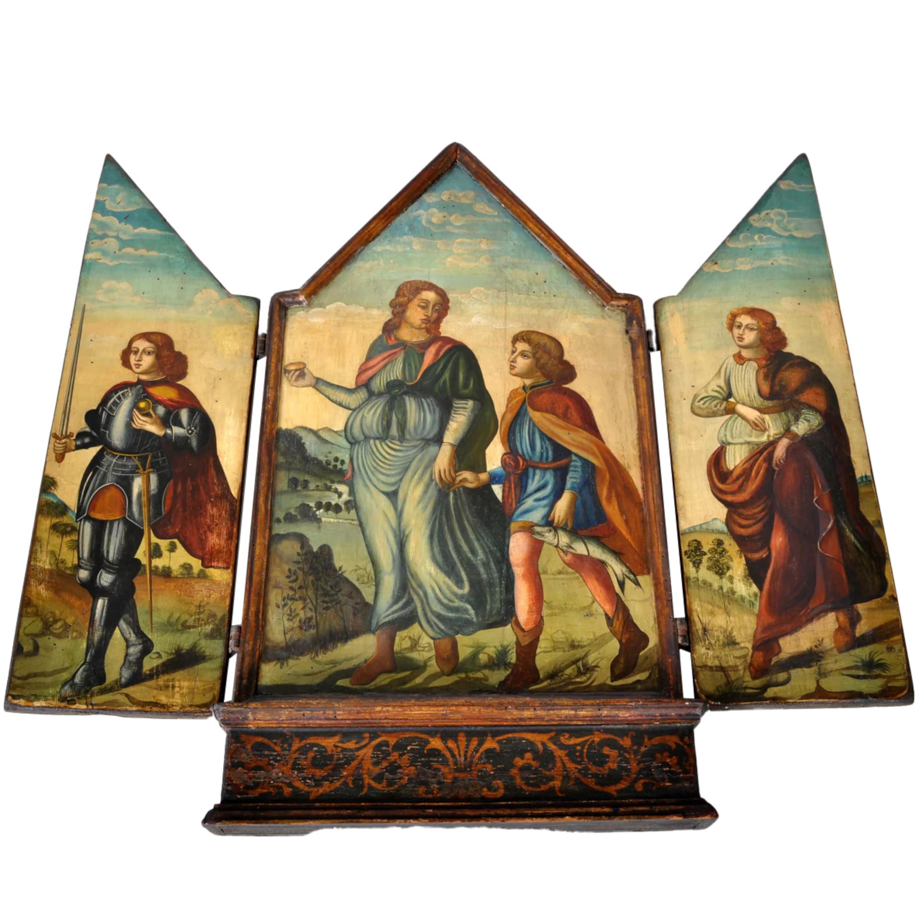 Antico trittico barocco religioso fiammingo del XVIII secolo in legno dorato - Painting di Unknown