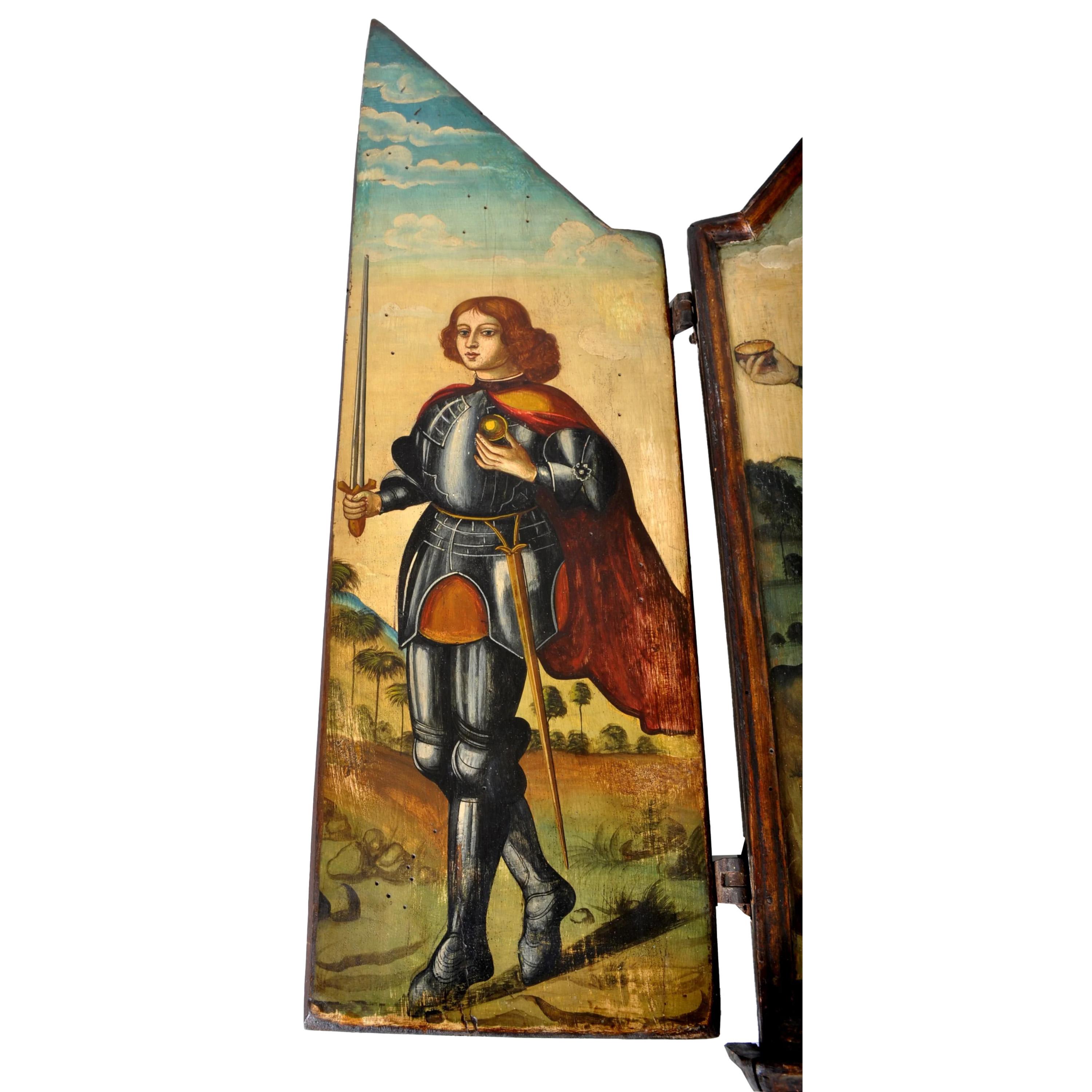 Antico trittico barocco religioso fiammingo del XVIII secolo in legno dorato - Painting Barocco di Unknown