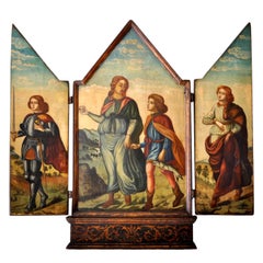 Antico trittico barocco religioso fiammingo del XVIII secolo in legno dorato