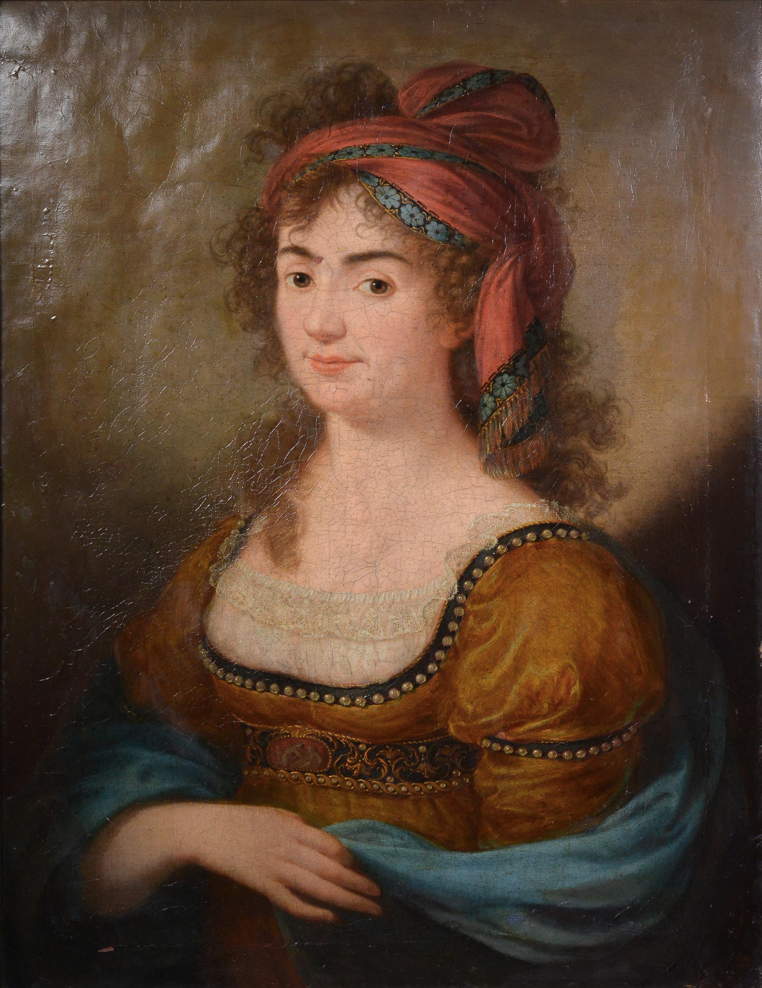 Antiguo Óleo Neoclásico Siglo XVIII Retrato Joven Dama Turbante Maestro Desconocido - Painting de Unknown