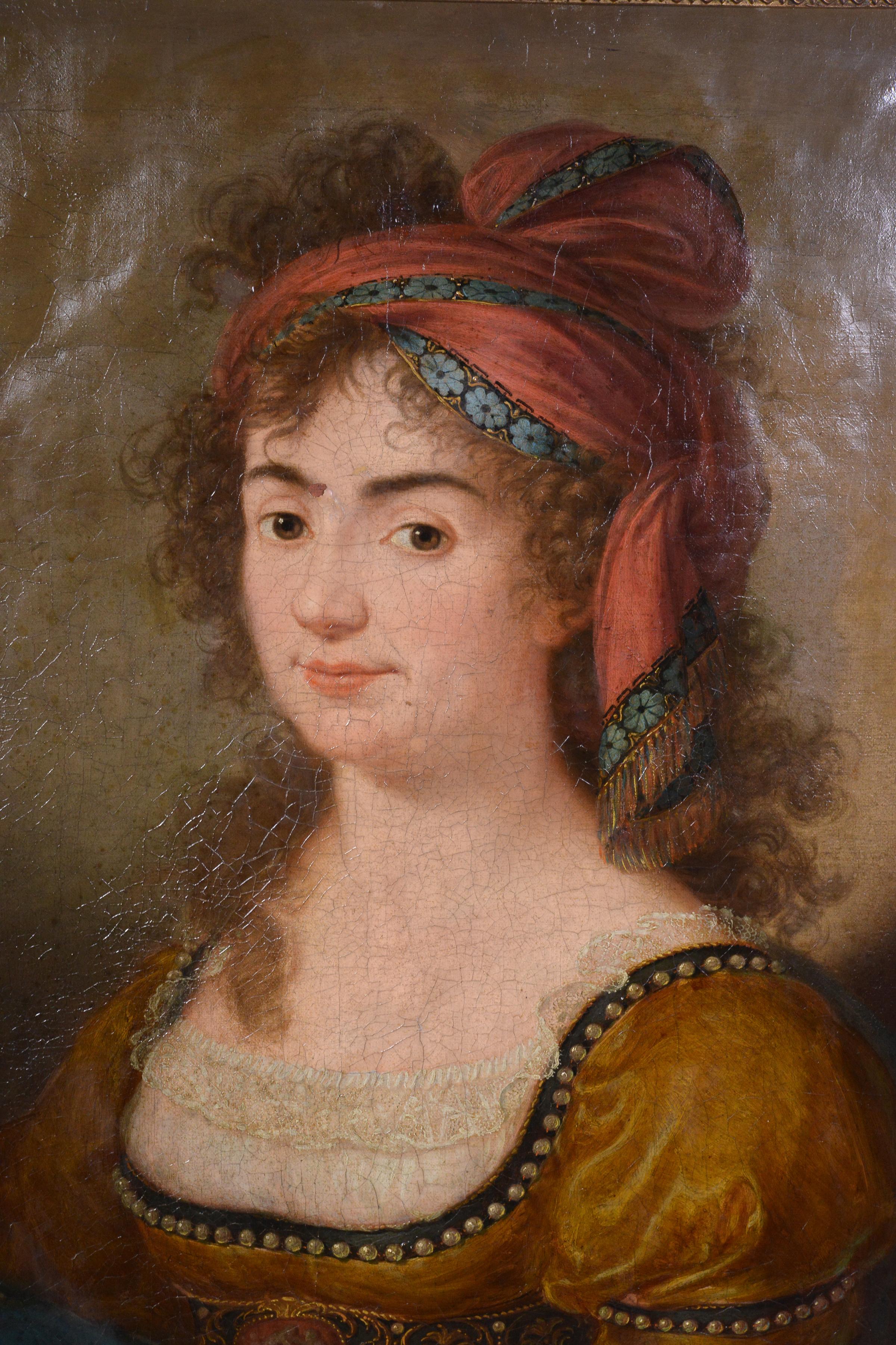 Antiguo Óleo Neoclásico Siglo XVIII Retrato Joven Dama Turbante Maestro Desconocido - Painting Realista de Unknown
