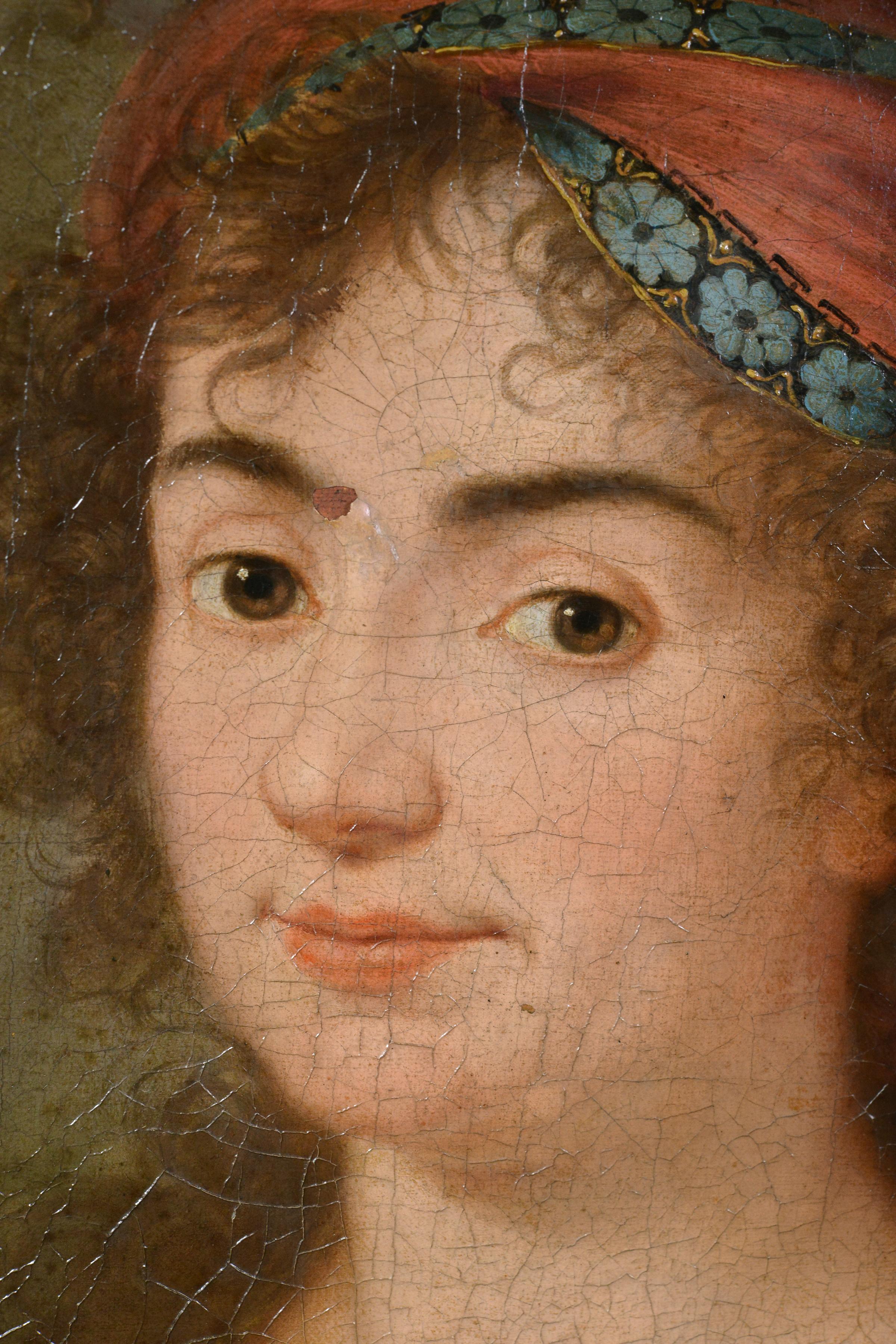Antiguo Óleo Neoclásico Siglo XVIII Retrato Joven Dama Turbante Maestro Desconocido - Portrait Painting Marrón de Unknown
