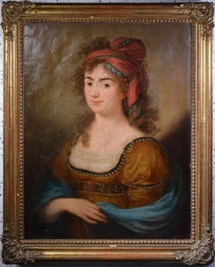 Antiguo Óleo Neoclásico Siglo XVIII Retrato Joven Dama Turbante Maestro Desconocido