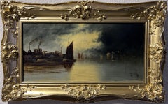  Antique 19 cent. Oil Painting on Canvas Seascape, Night Harbor Scene Gold Frame
