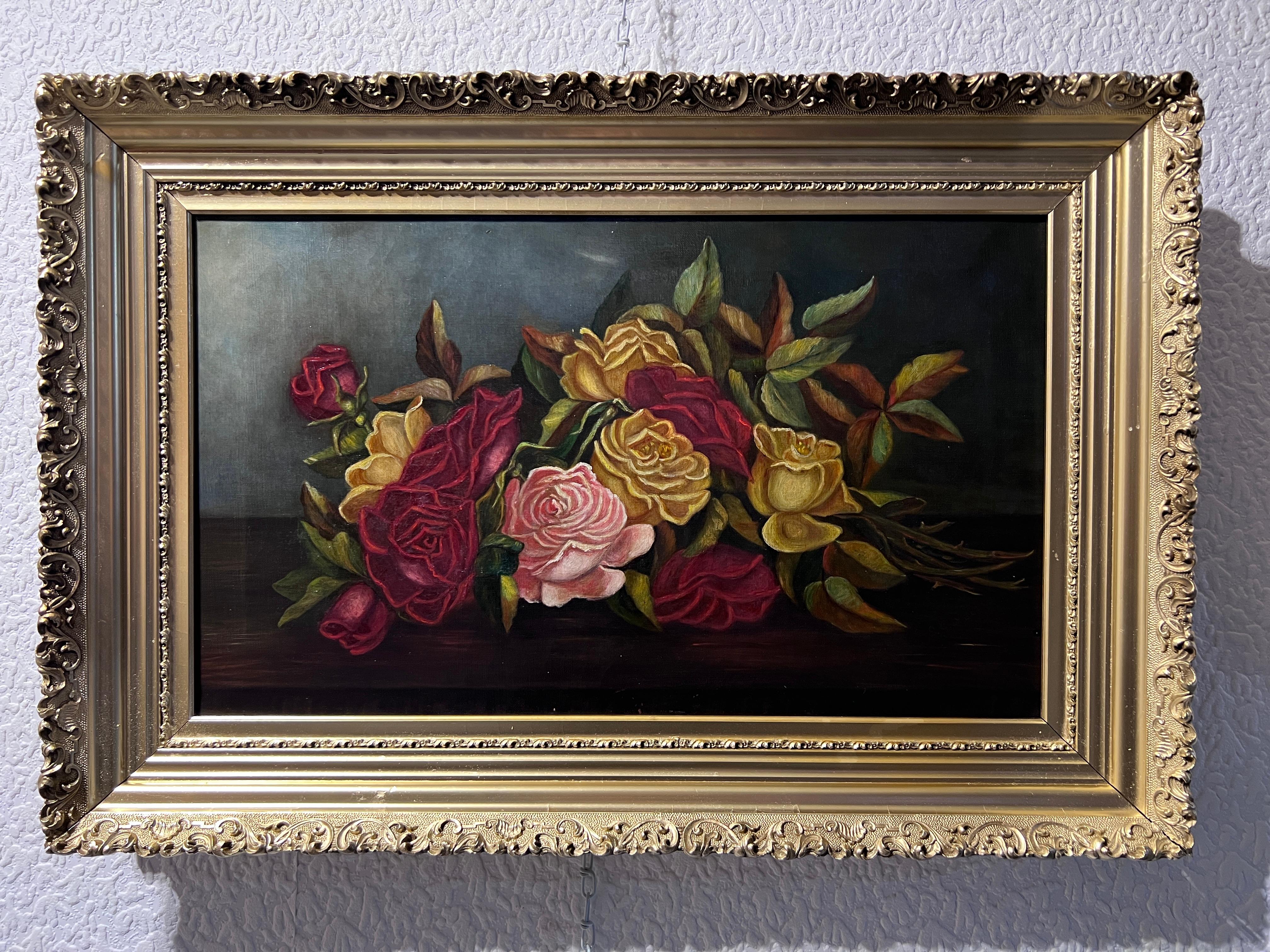 Antique 19 century oil painting on canvas, Still life, Roses, Framed, Unsigned For Sale 8