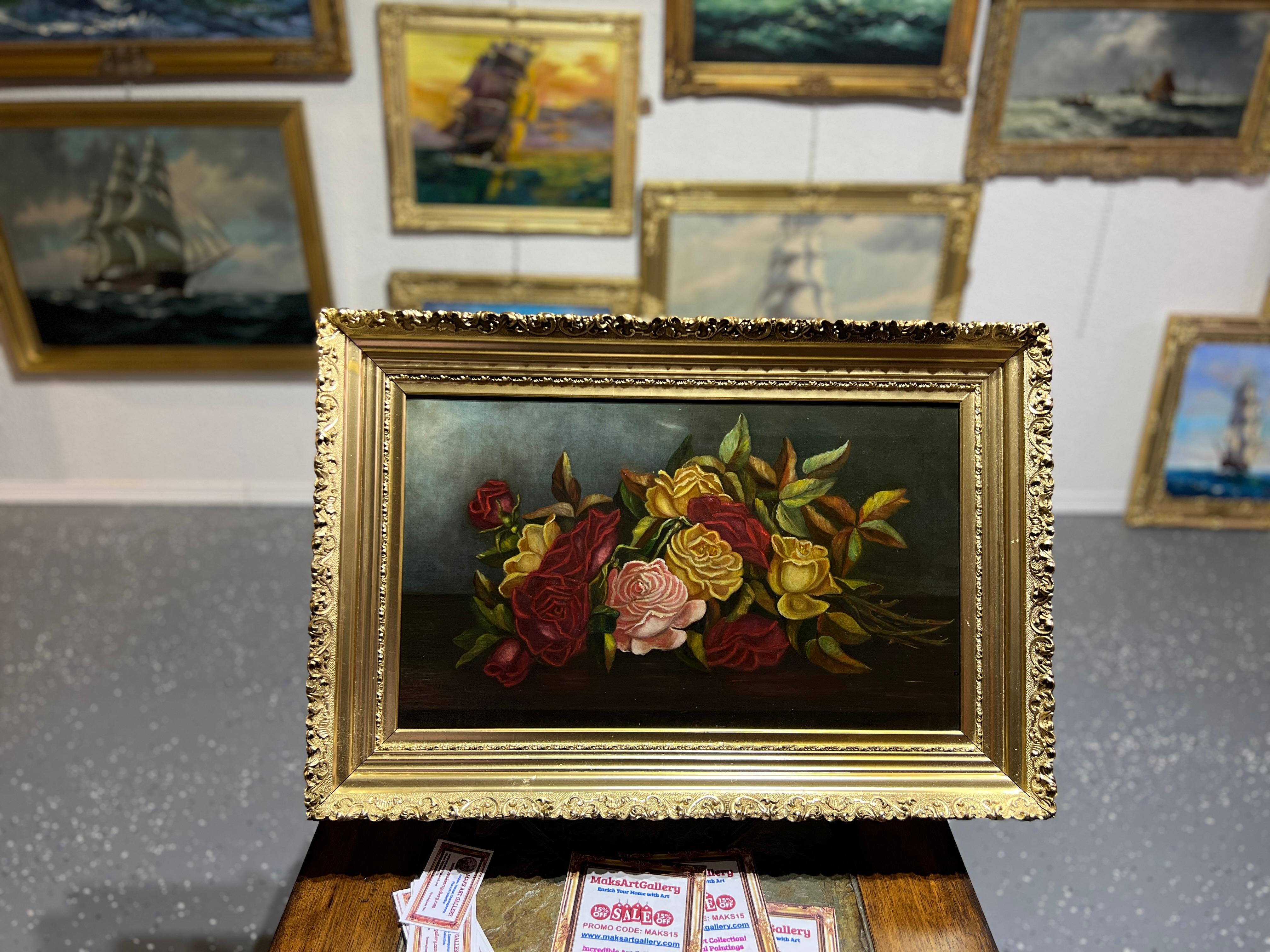 Antique 19 century oil painting on canvas, Still life, Roses, Framed, Unsigned - Painting by Unknown