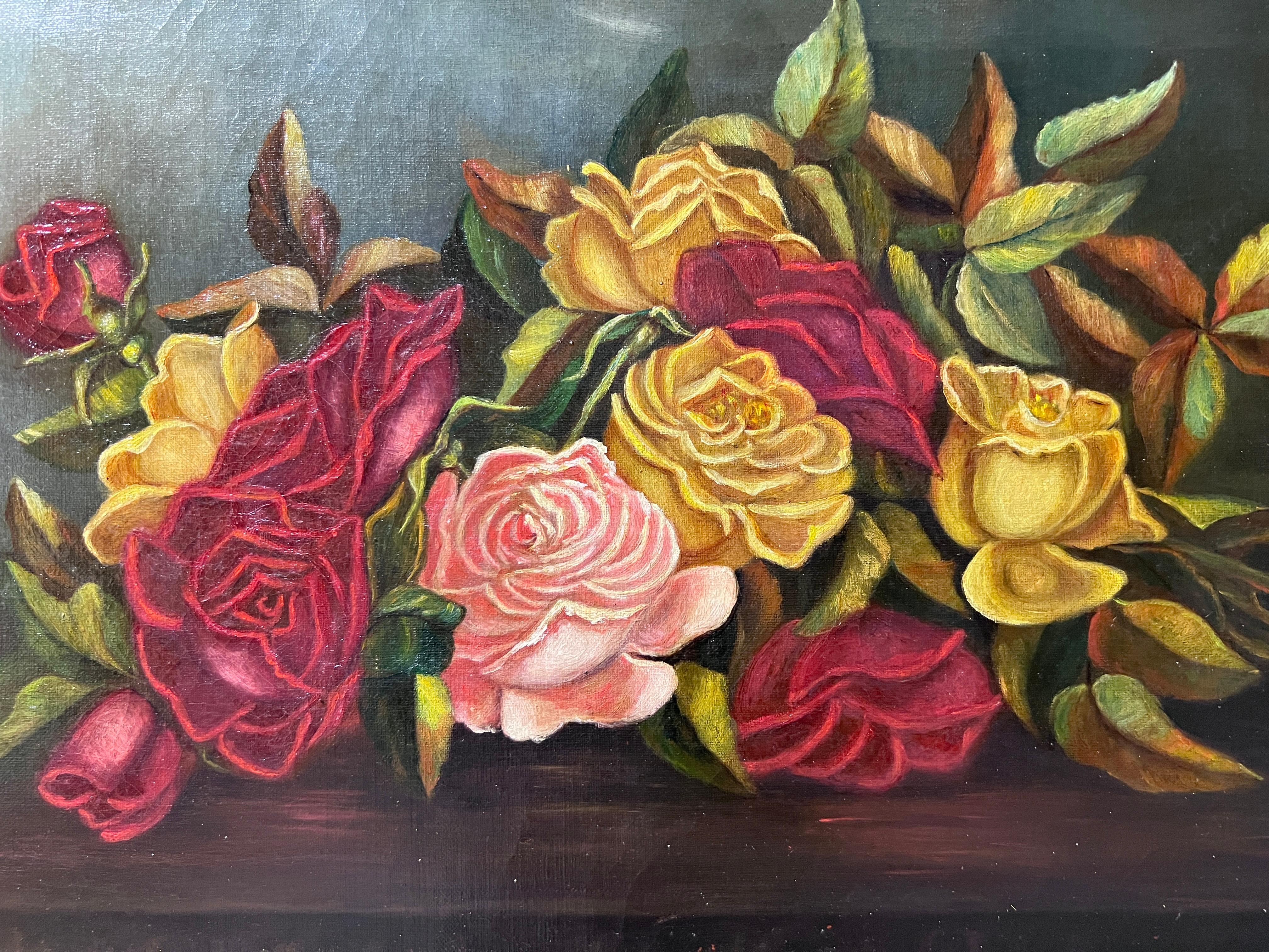Antique 19 century oil painting on canvas, Still life, Roses, Framed, Unsigned - Impressionist Painting by Unknown