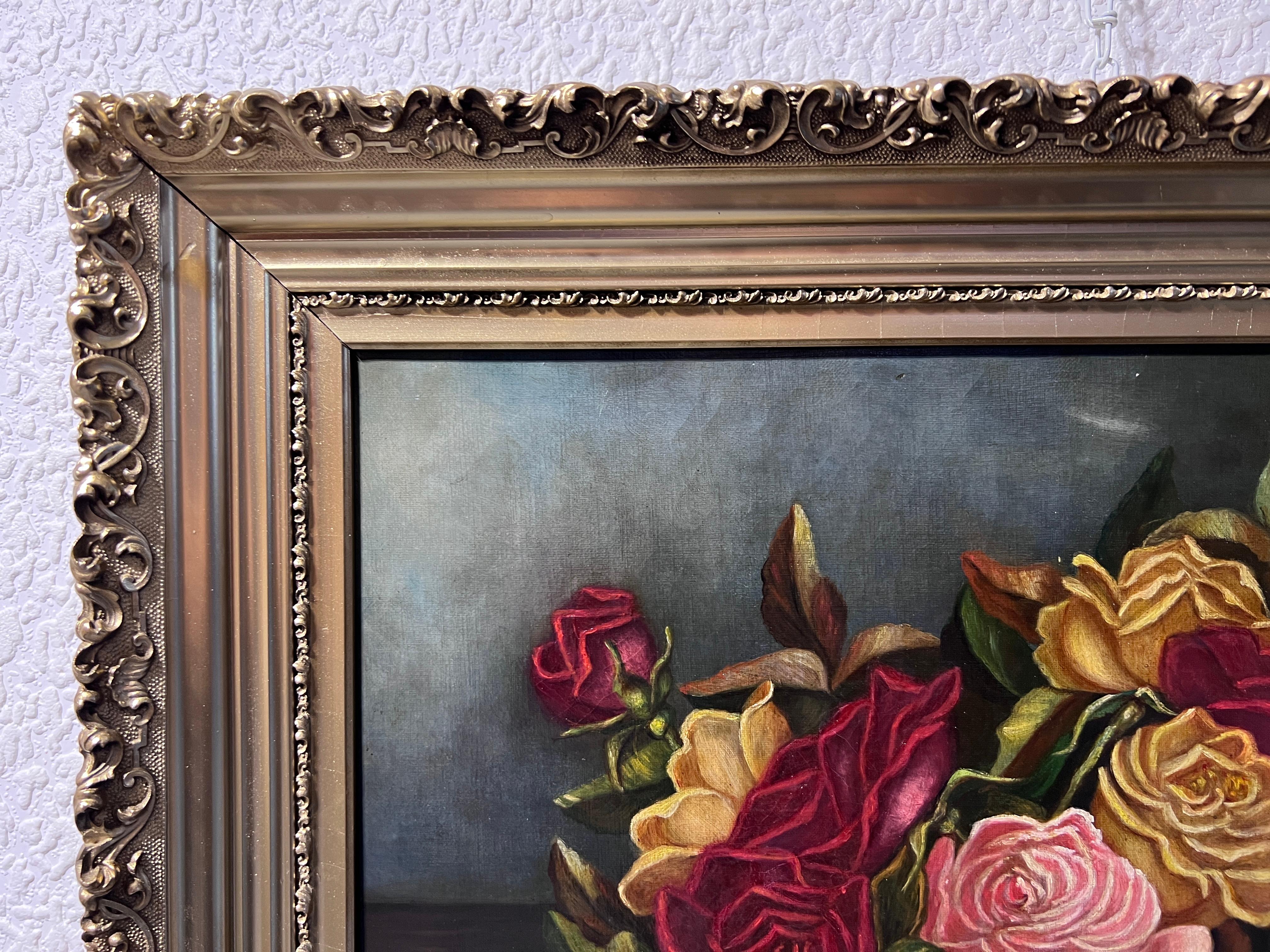 Antique 19 century oil painting on canvas, Still life, Roses, Framed, Unsigned For Sale 1
