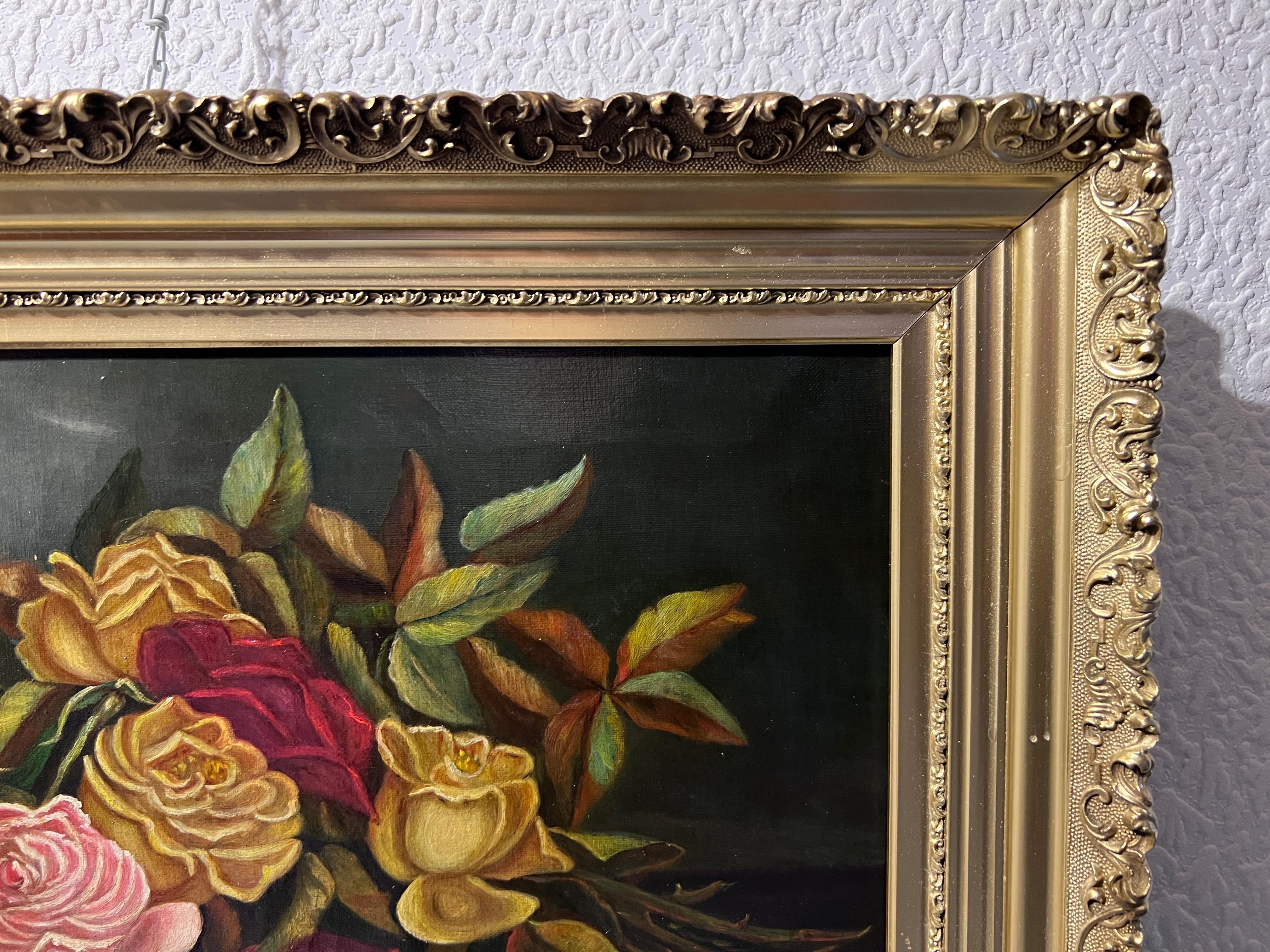 Antique 19 century oil painting on canvas, Still life, Roses, Framed, Unsigned For Sale 2