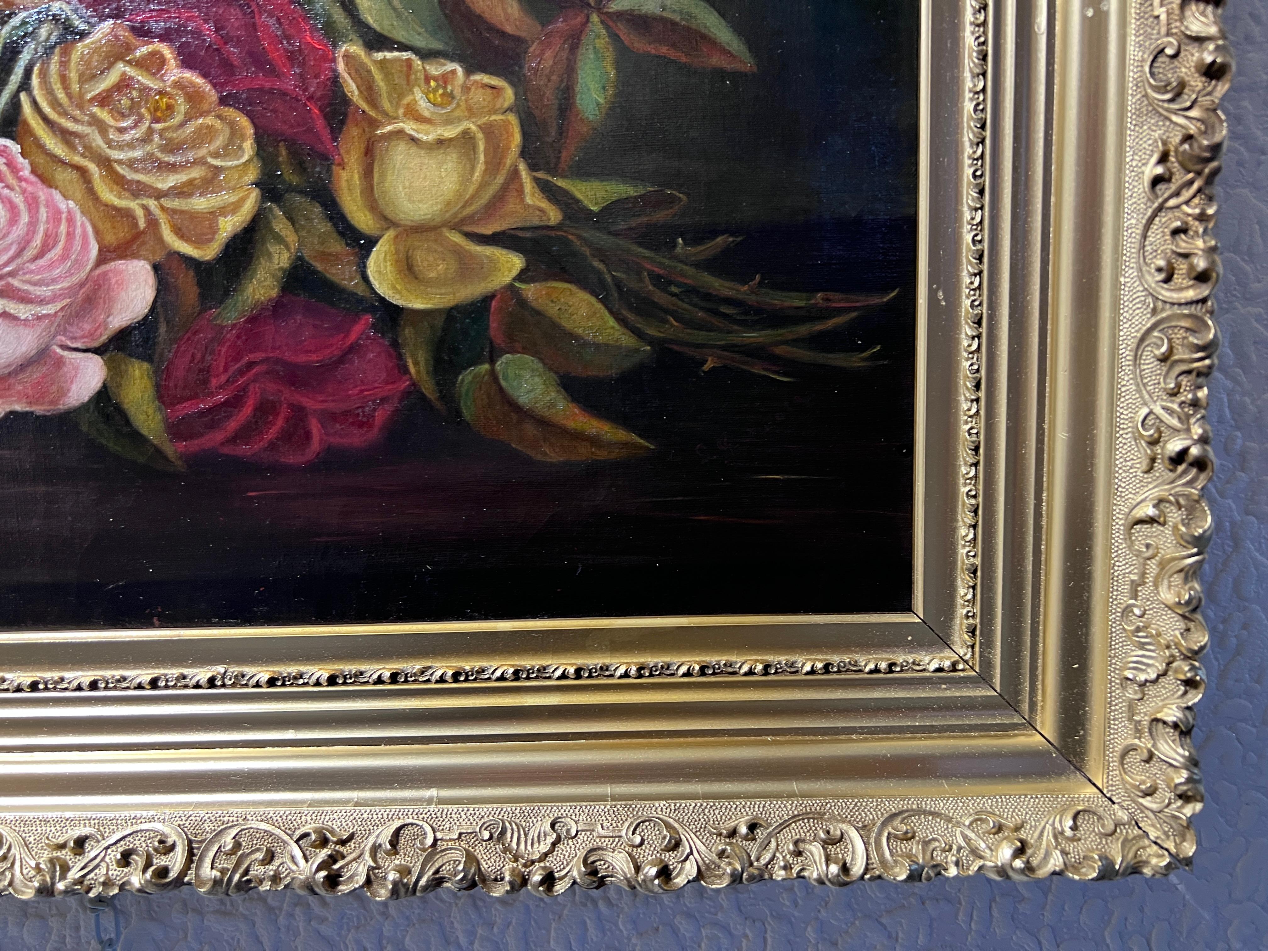 Antique 19 century oil painting on canvas, Still life, Roses, Framed, Unsigned For Sale 3