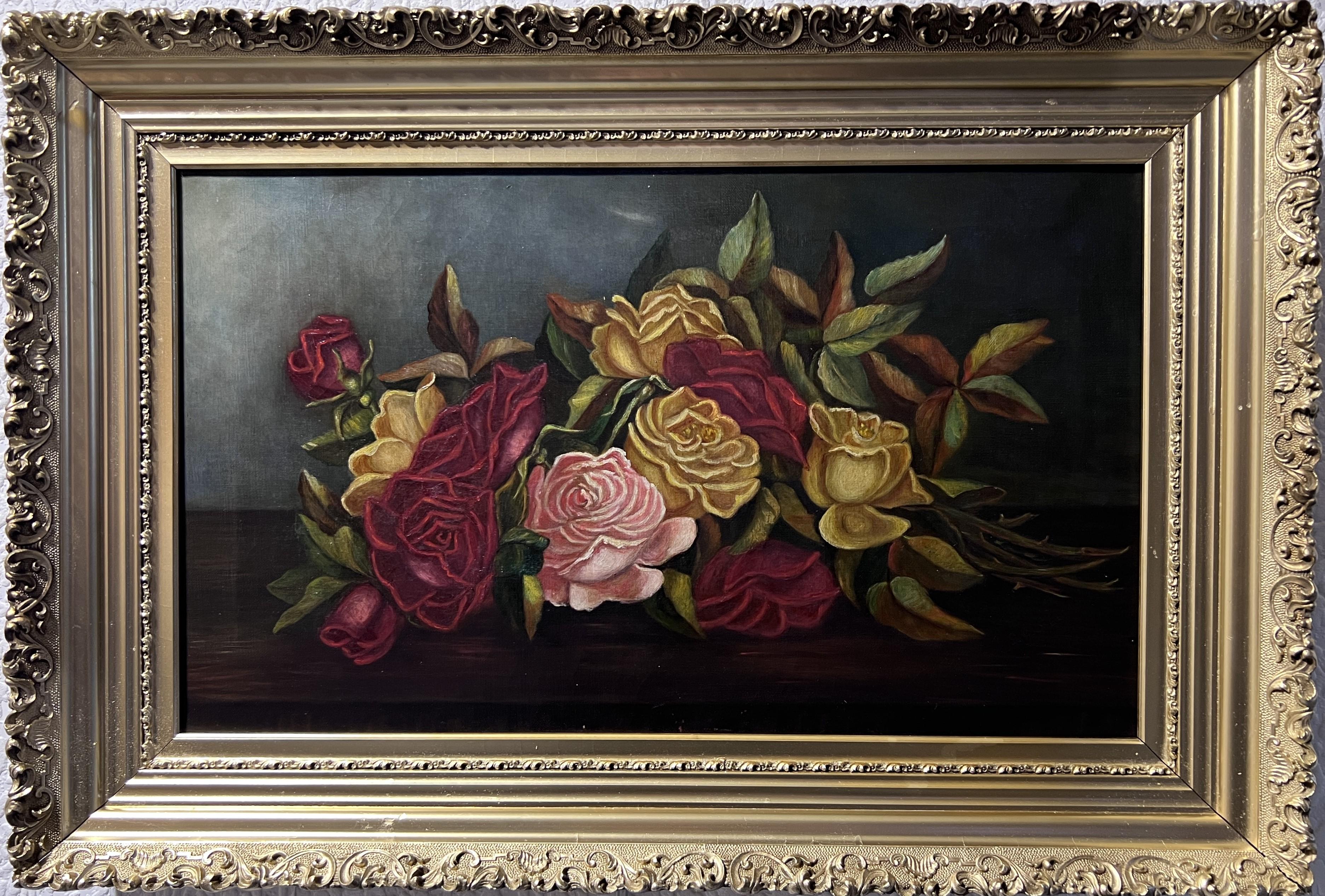 Unknown Still-Life Painting - Antique 19 century oil painting on canvas, Still life, Roses, Framed, Unsigned
