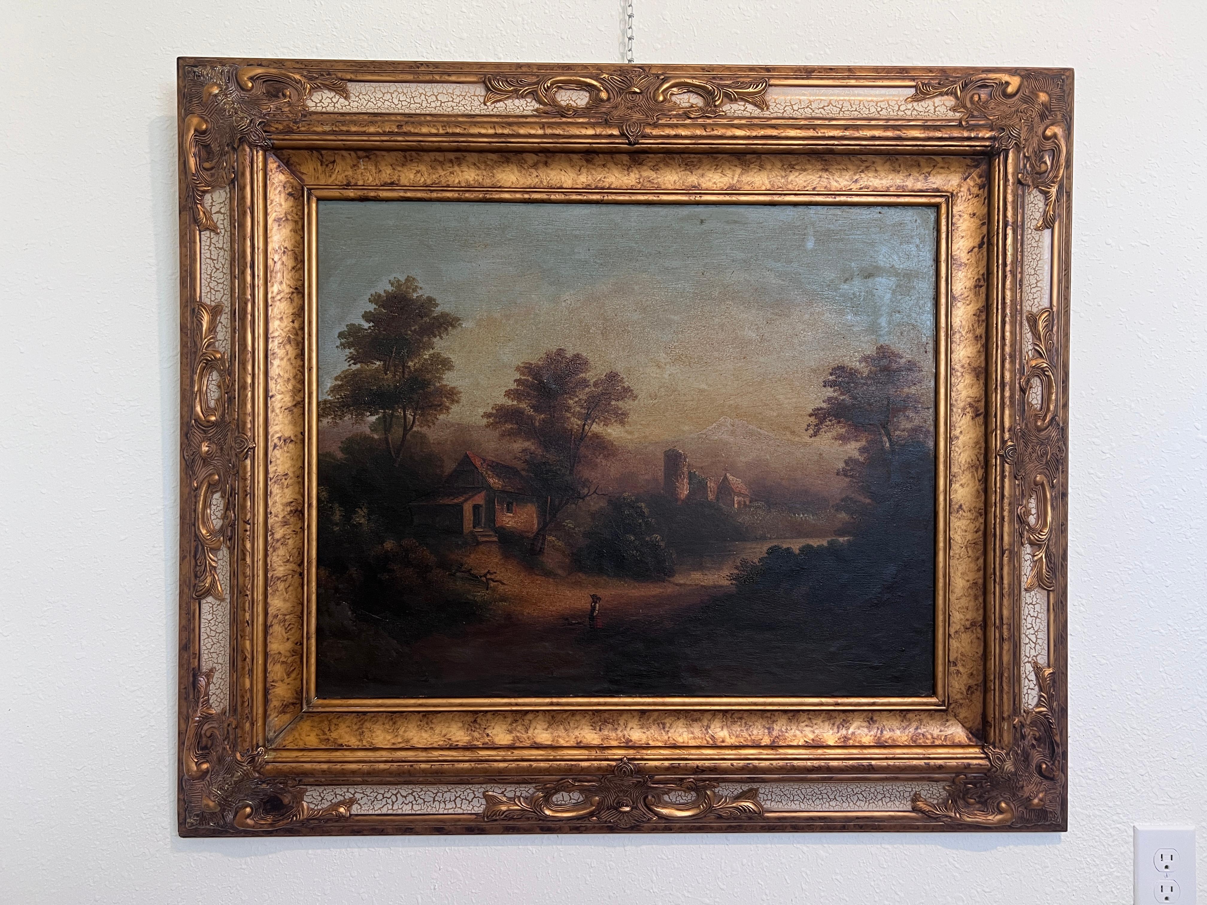 Antiguo siglo 19 Óleo original sobre tabla, Paisaje, Marco asombroso - Painting de Unknown