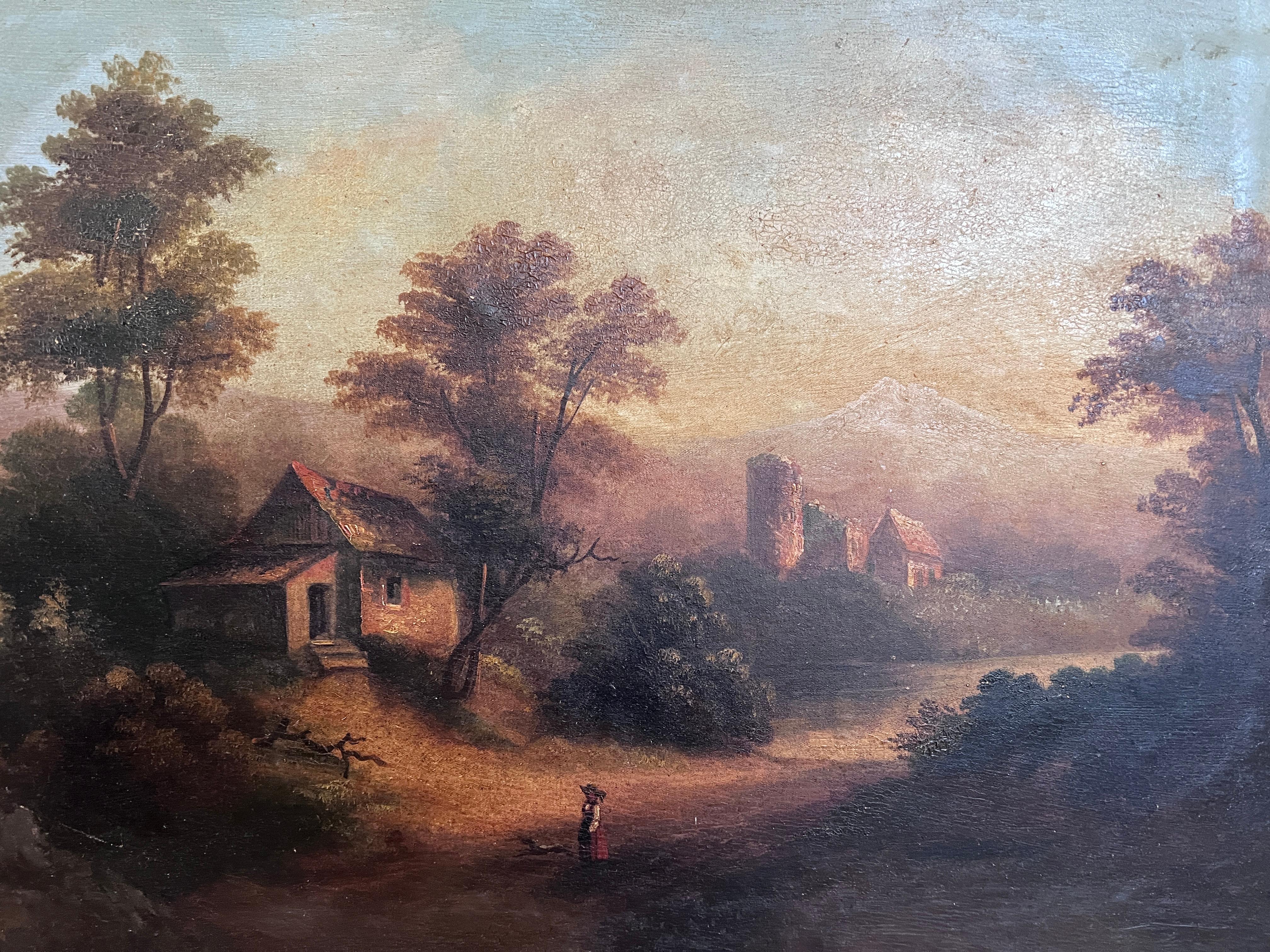 Antiguo siglo 19 Óleo original sobre tabla, Paisaje, Marco asombroso - Painting Impresionista de Unknown