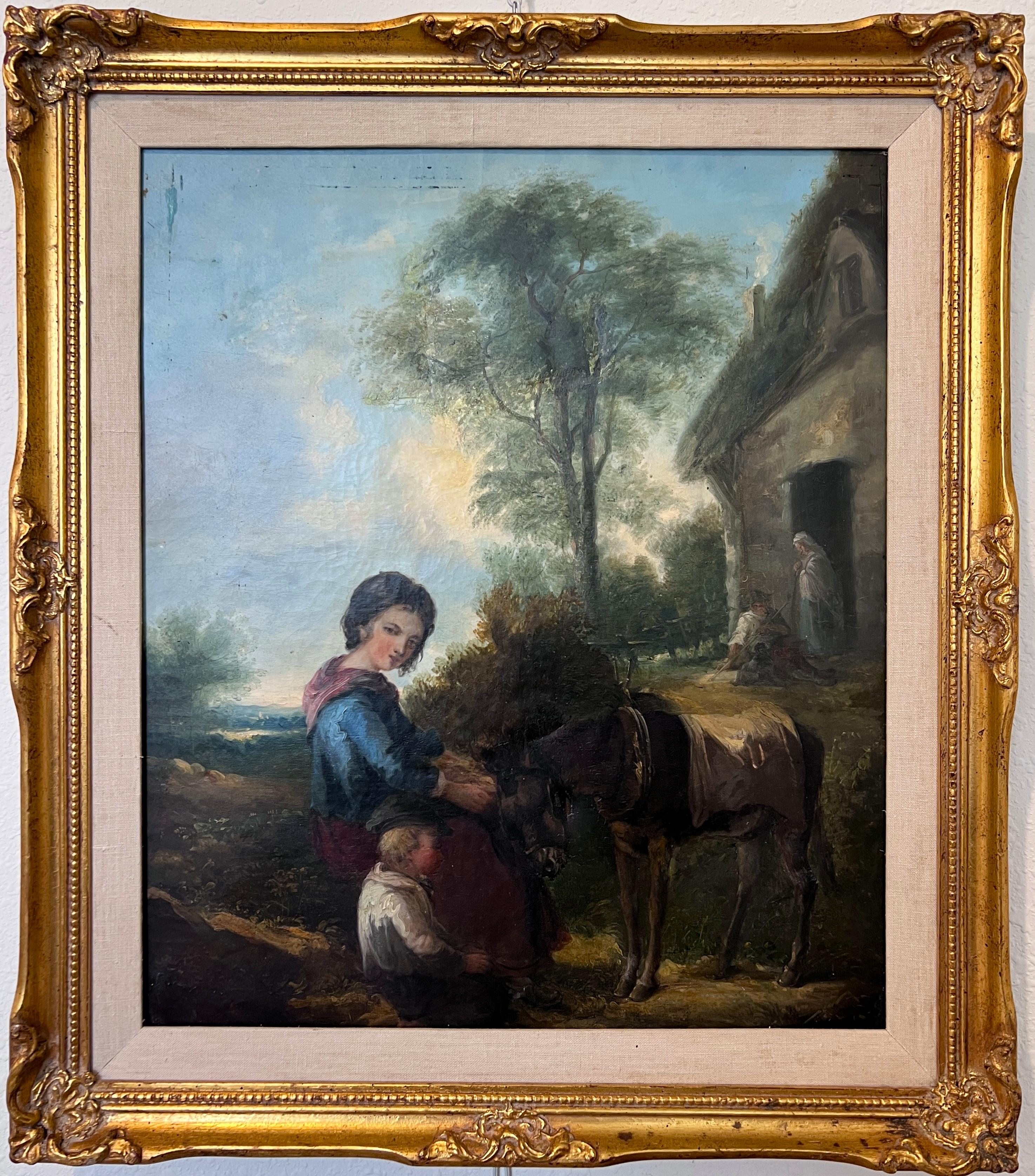 Antique 19 century Pastoral Genre Original Oil Canvas Painting European School